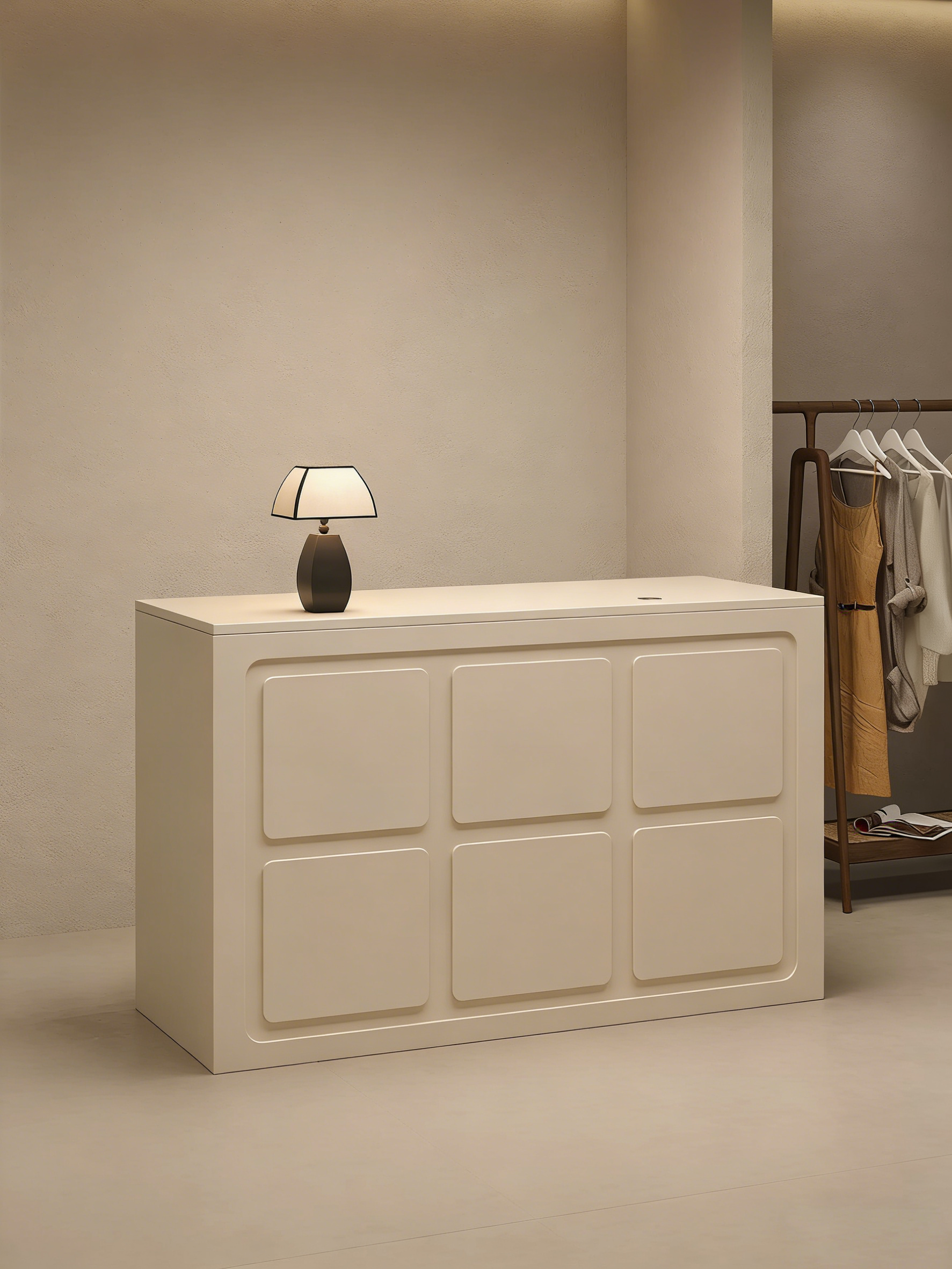 Modern Beige Reception Desk with Flat Panel Design for Clothing Store