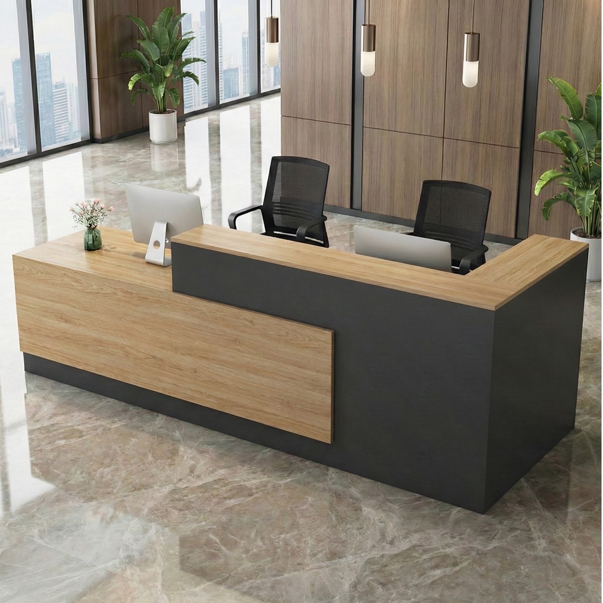 Modern Black Reception Counter With     Natural Square Wood Grain Finish for Lobby