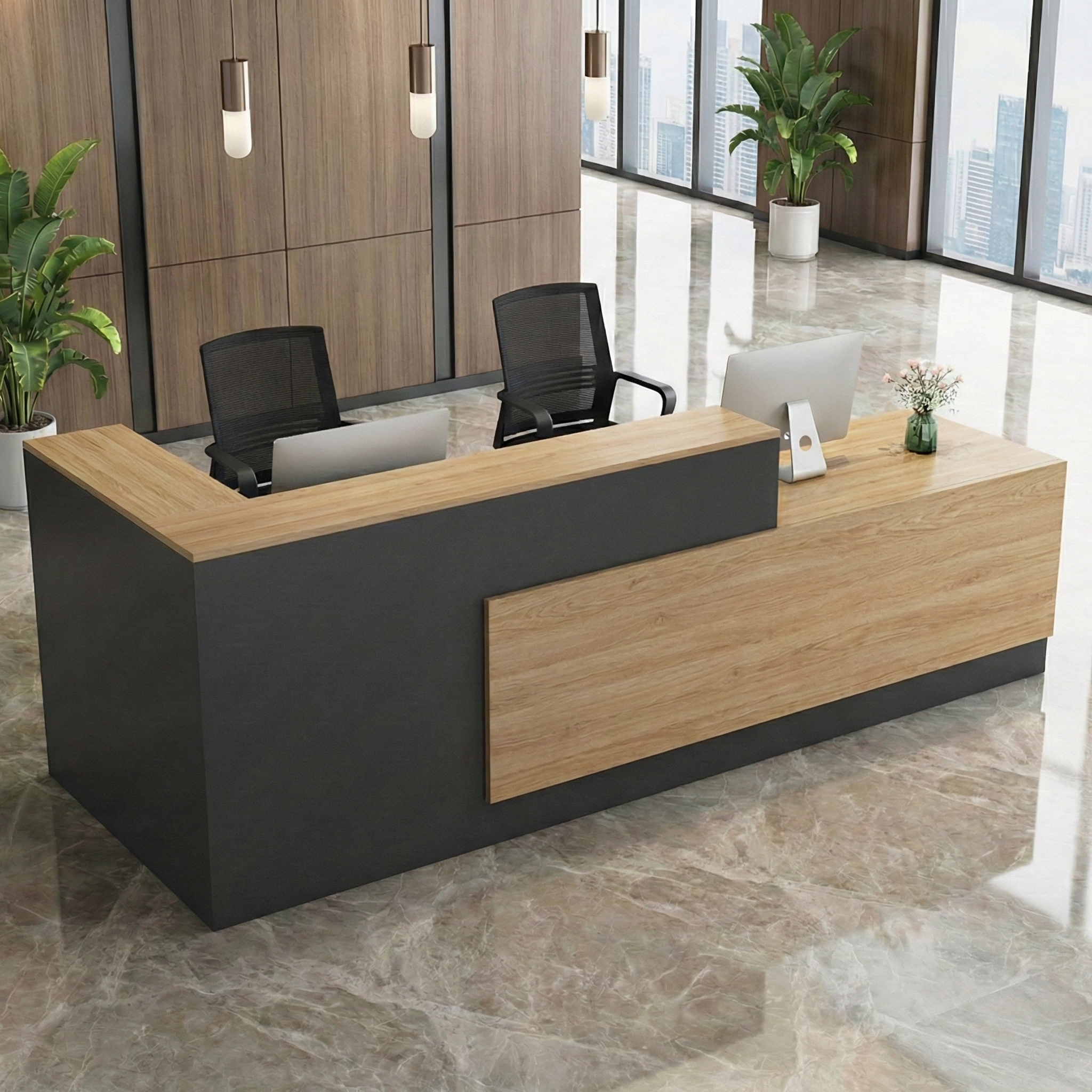 Modern Black Reception Counter With     Natural Square Wood Grain Finish for Office