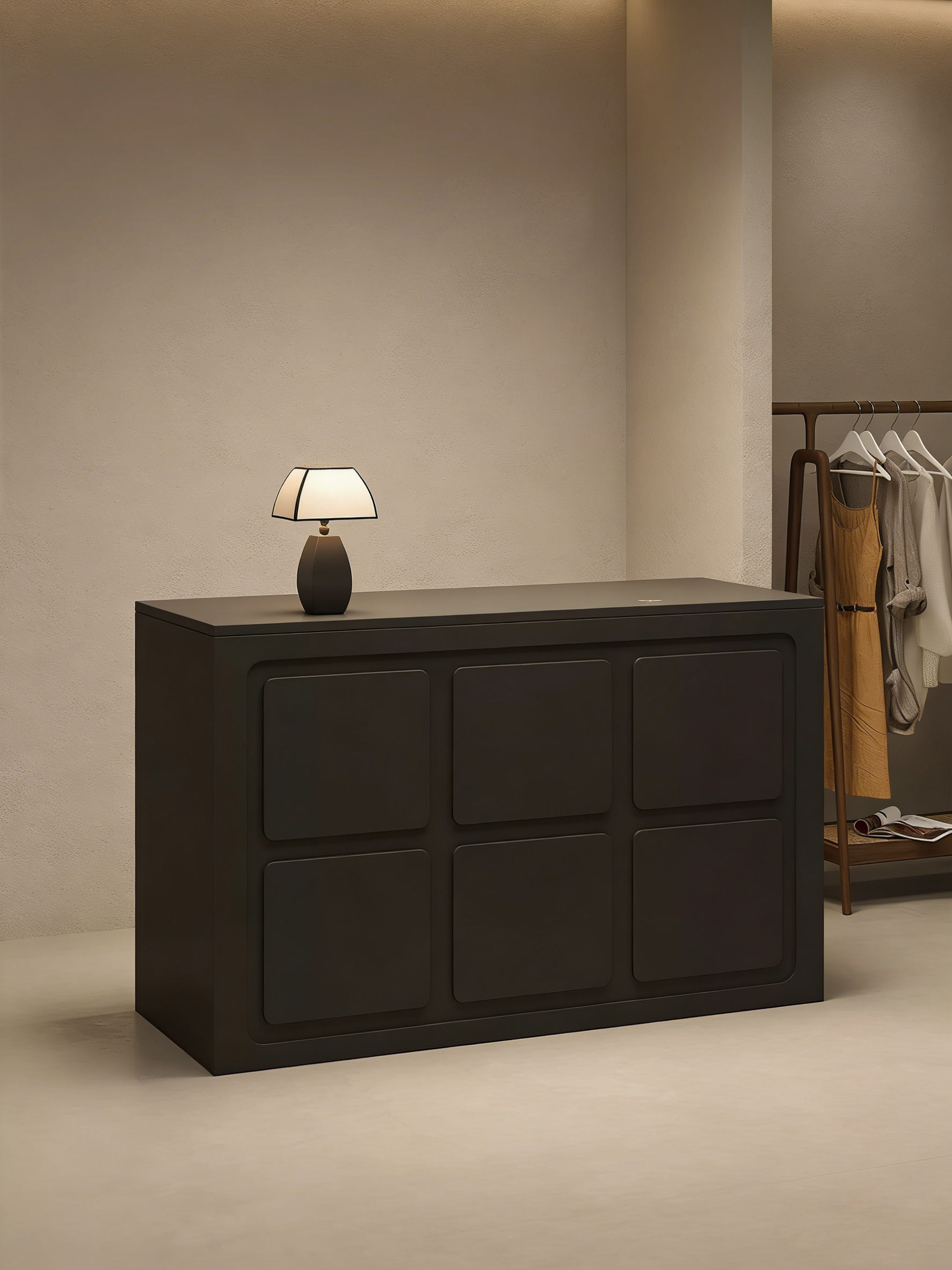 Modern Black Reception Desk with Flat Panel Design for Clothing Store