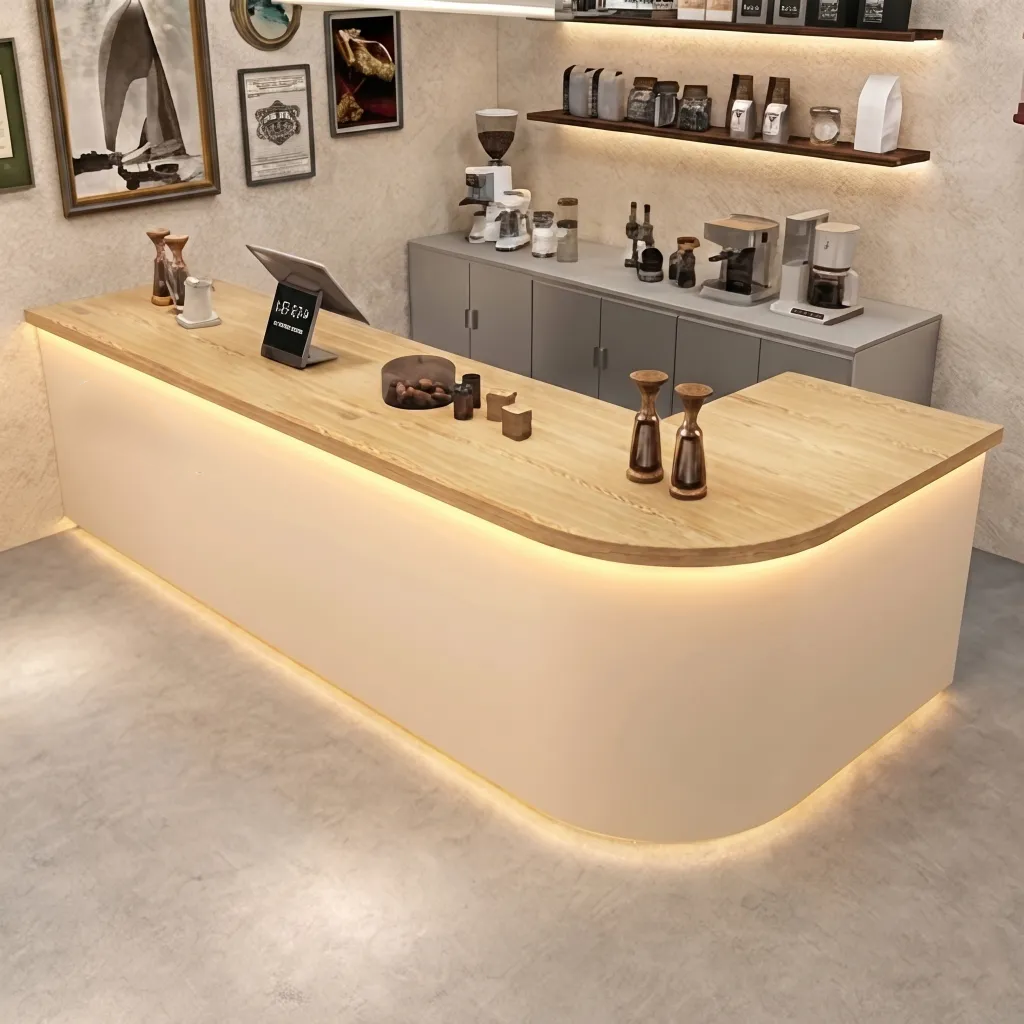 Modern Coffee Bar Counter with Stone Texture Front and LED Lighting RD-282