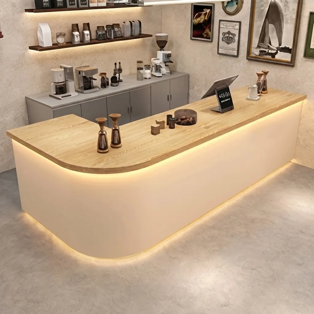 Modern Coffee Bar Counter with Stone Texture Front and LED Lighting RD-282