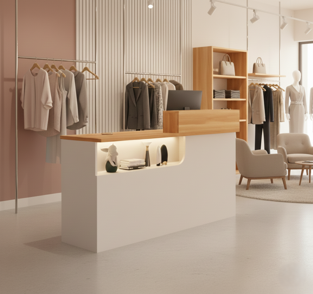 Modern Compact Boutique & Salon Natural + White Checkout Counter
