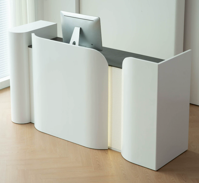 Modern Curved Reception Desk with Side Shelf and Mesh Accent Panel RD-317