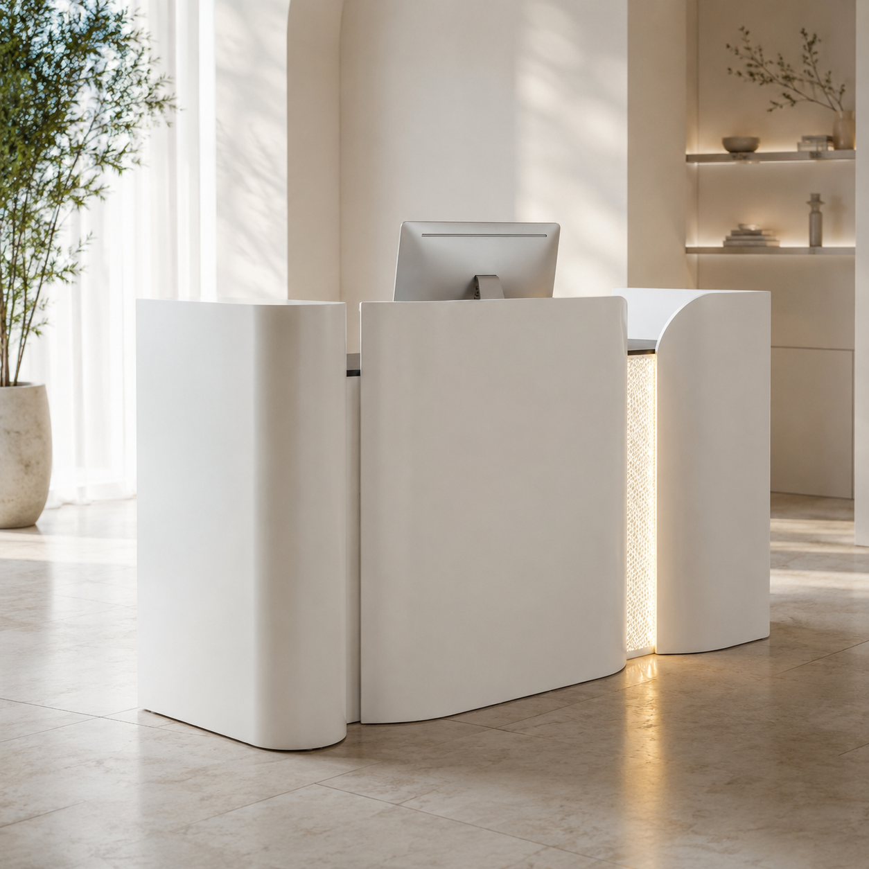 Modern Curved Reception Desk with Side Shelf and Mesh Accent Panel RD-317