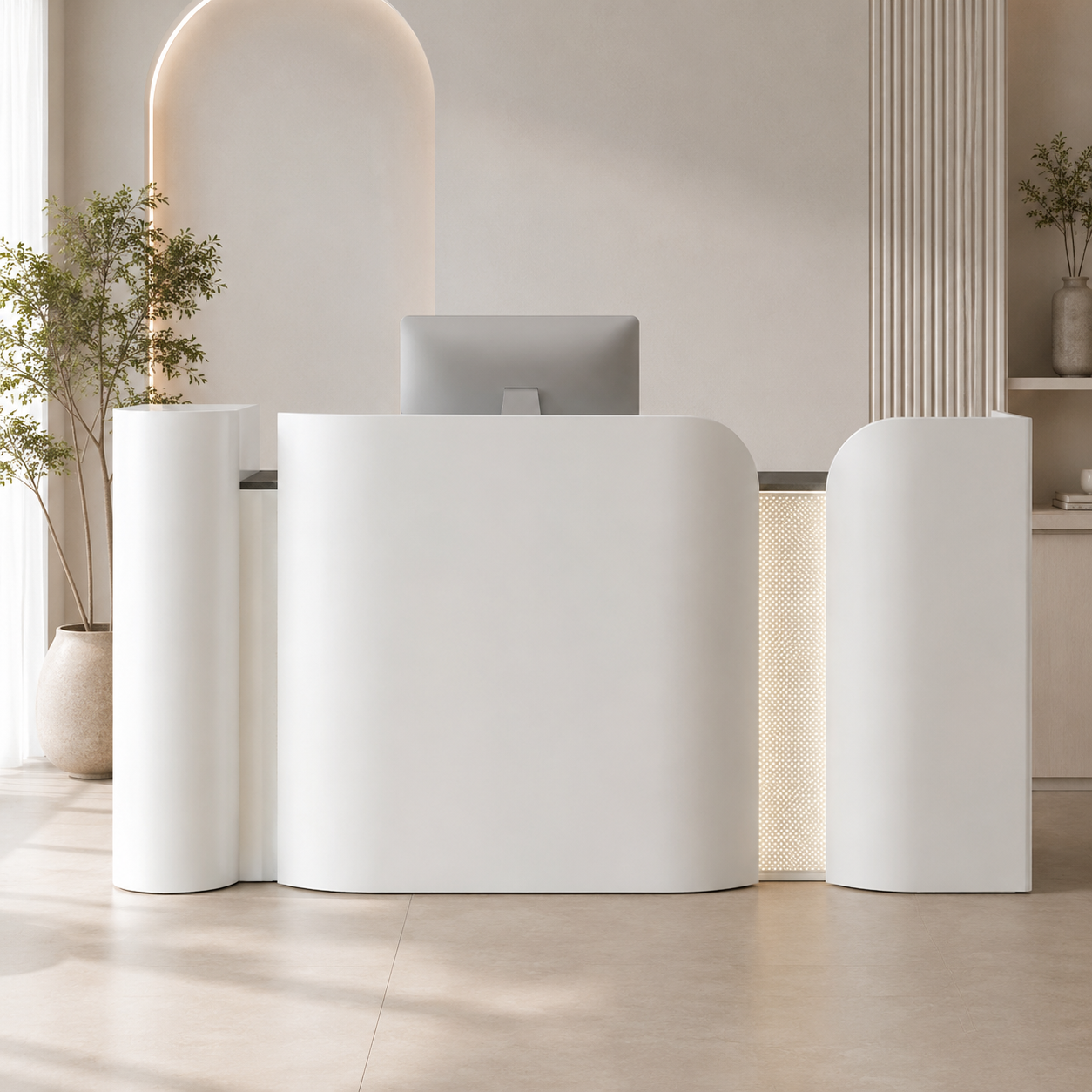 Modern Curved Reception Desk with Side Shelf and Mesh Accent Panel RD-317