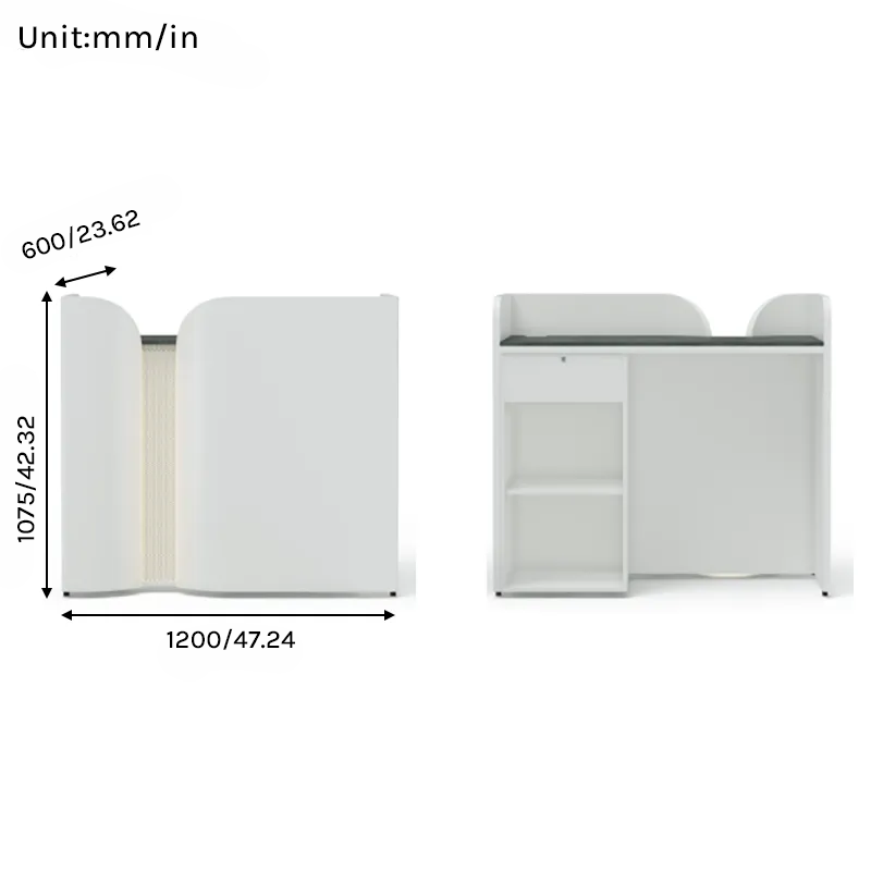 Modern Curved Reception Desk with Side Shelf and Mesh Accent Panel RD-317
