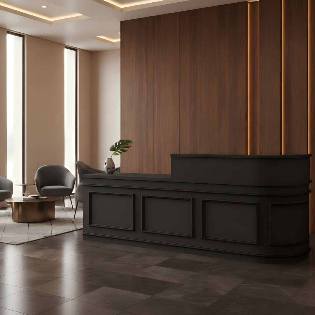 Modern Curved with Grid Panel Black Reception Desk for Salon