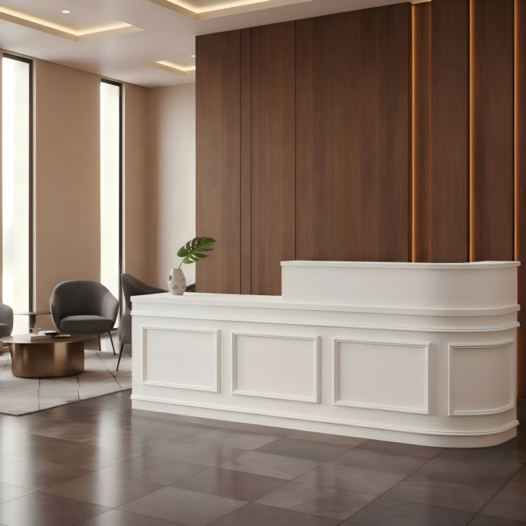 Modern Curved with Grid Panel White Reception Desk for Lobby
