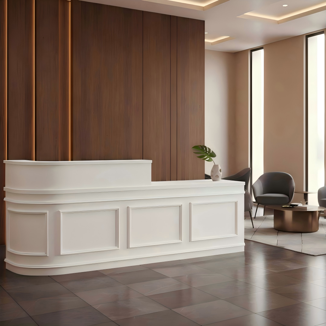 Modern Curved with Grid Panel White Reception Desk for Salon