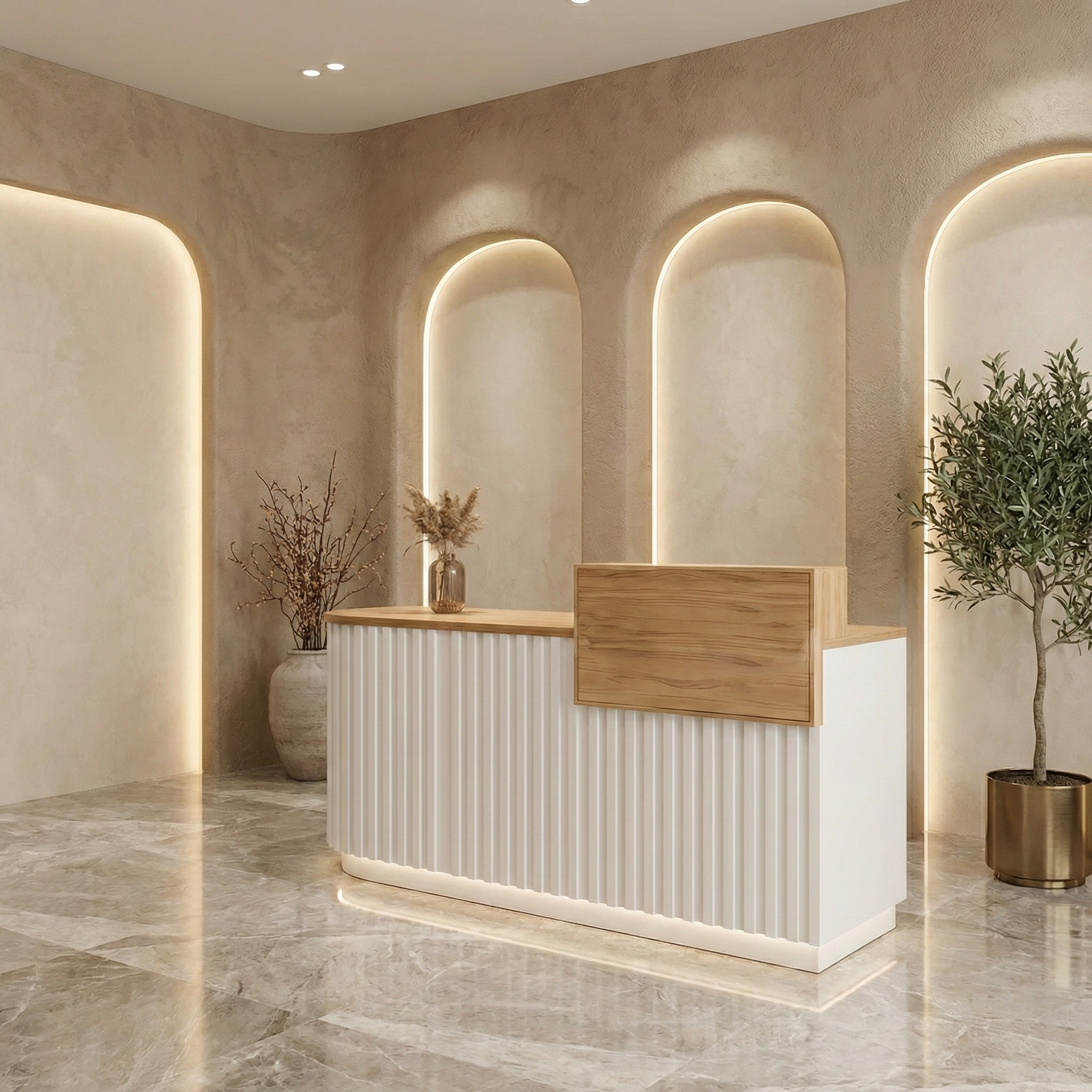 Modern Design Wooden Grain White Checkout Table for Retail Shop