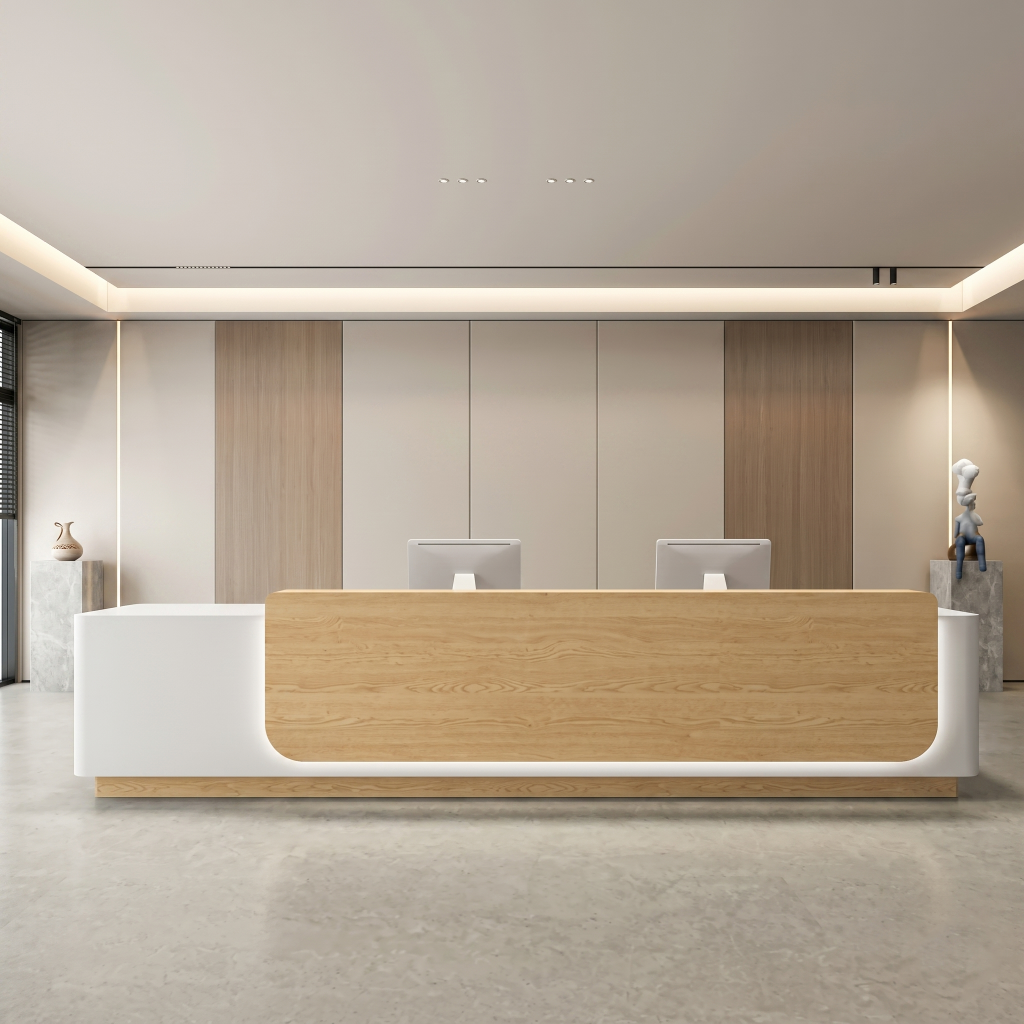 Modern Double Reception Desk with Wood Accent Panel and LED Lighting RD-286