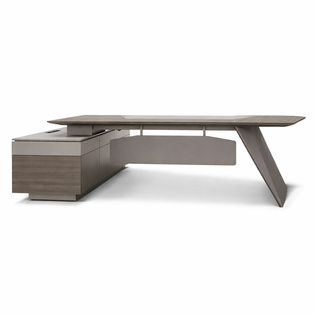Modern Executive Desk with Angled Wood Legs & Side Cabinet for Boss Office