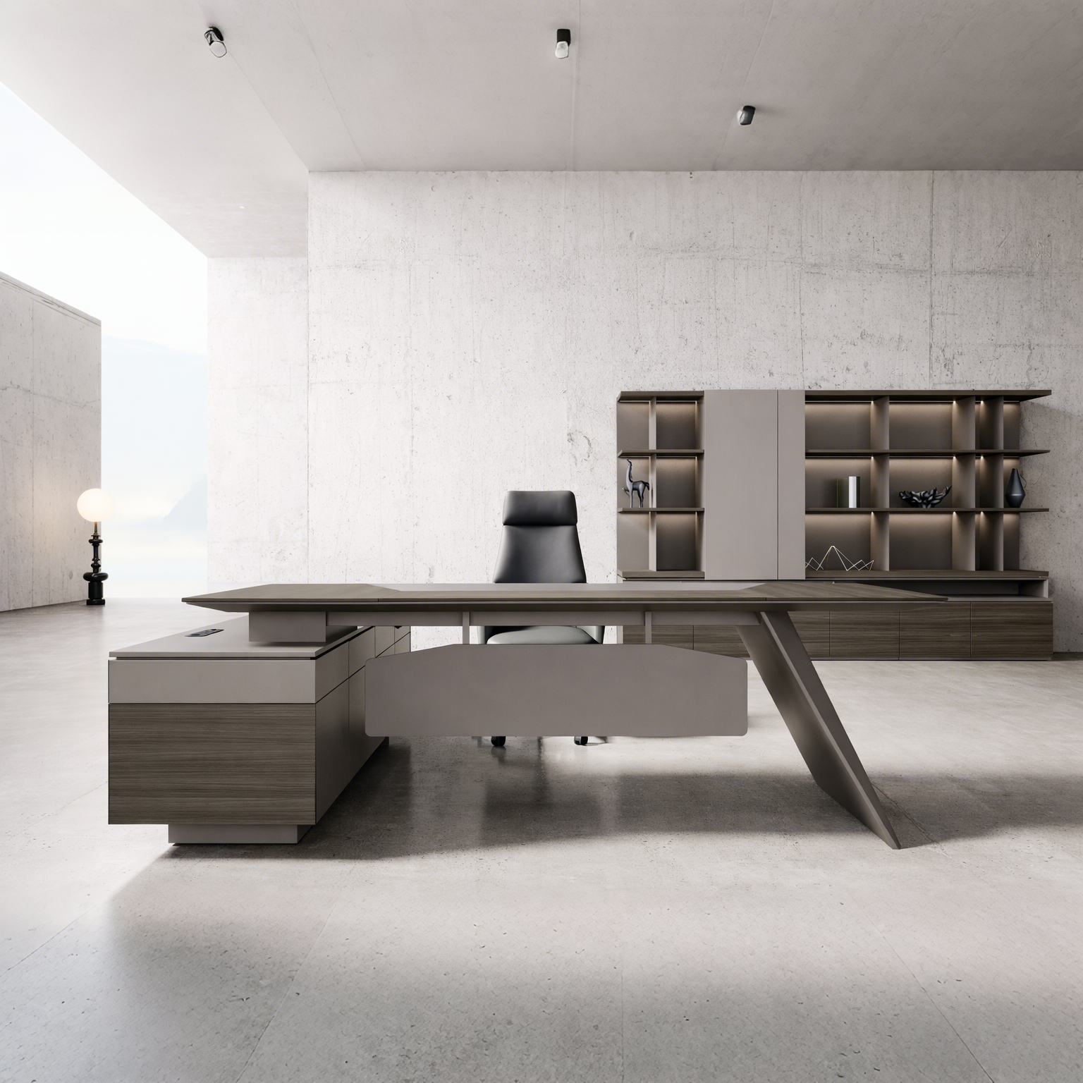 Modern Executive Desk with Angled Wood Legs & Side Cabinet for Boss Office Front View