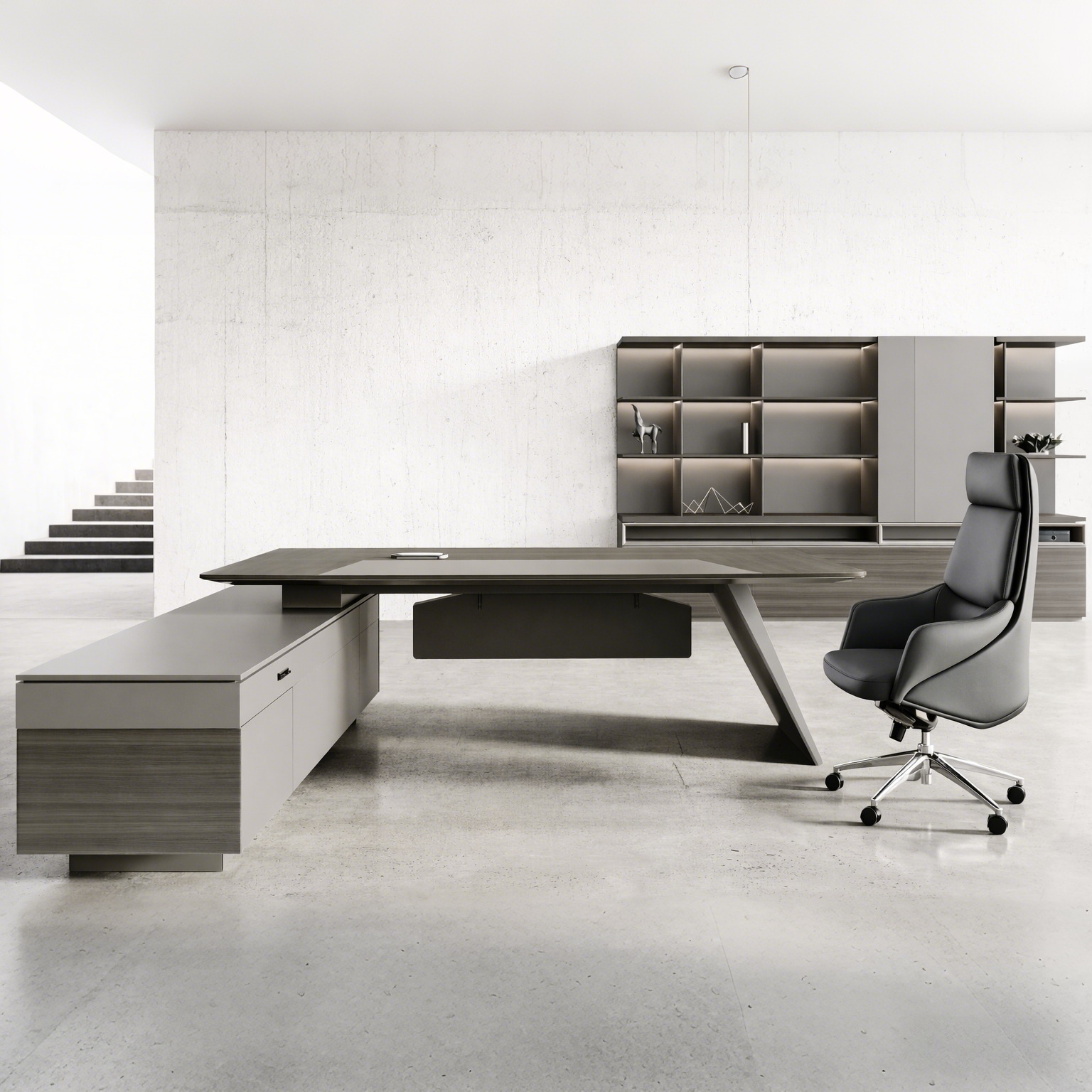 Modern Executive Desk with Angled Wood Legs & Side Cabinet for Boss Office Rear View