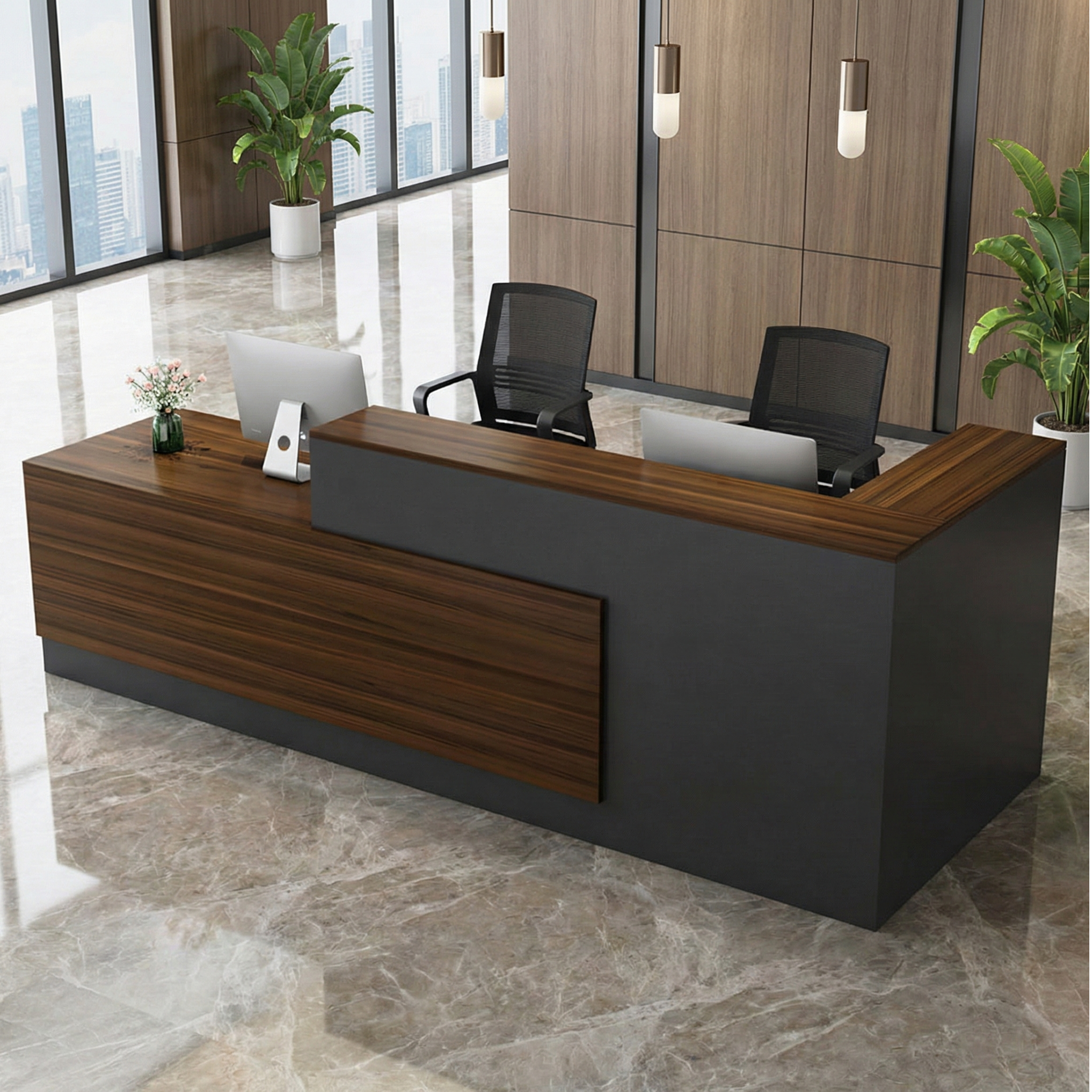 Modern Grey Reception Counter With Brown Square Wood Grain Finish for Hotel Lobby