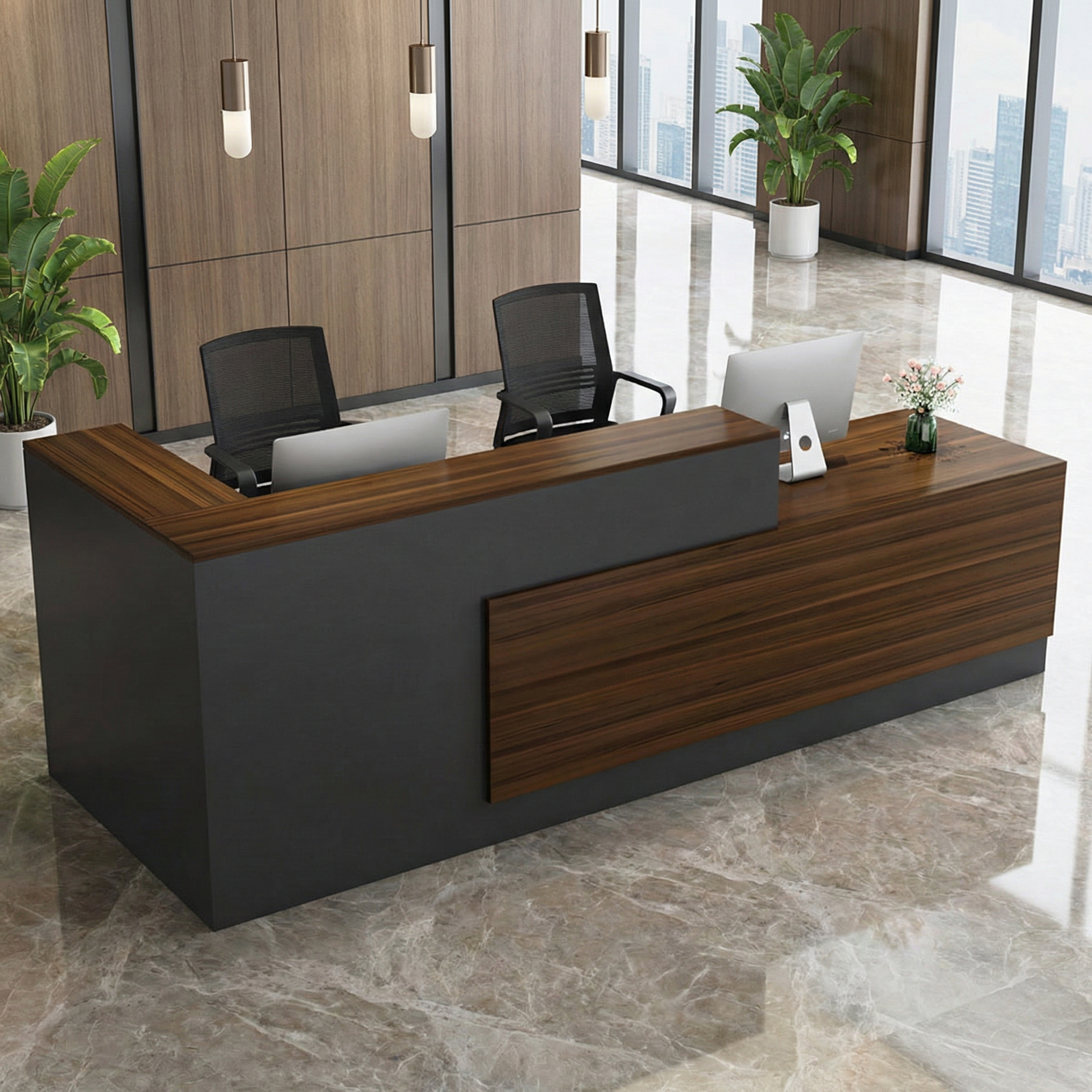 Modern Grey Reception Counter With Brown Square Wood Grain Finish for Lobby