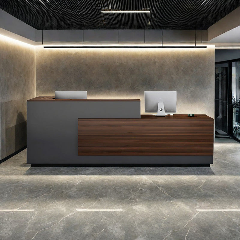 Modern Grey Reception Counter With Brown Square Wood Grain Finish for Office