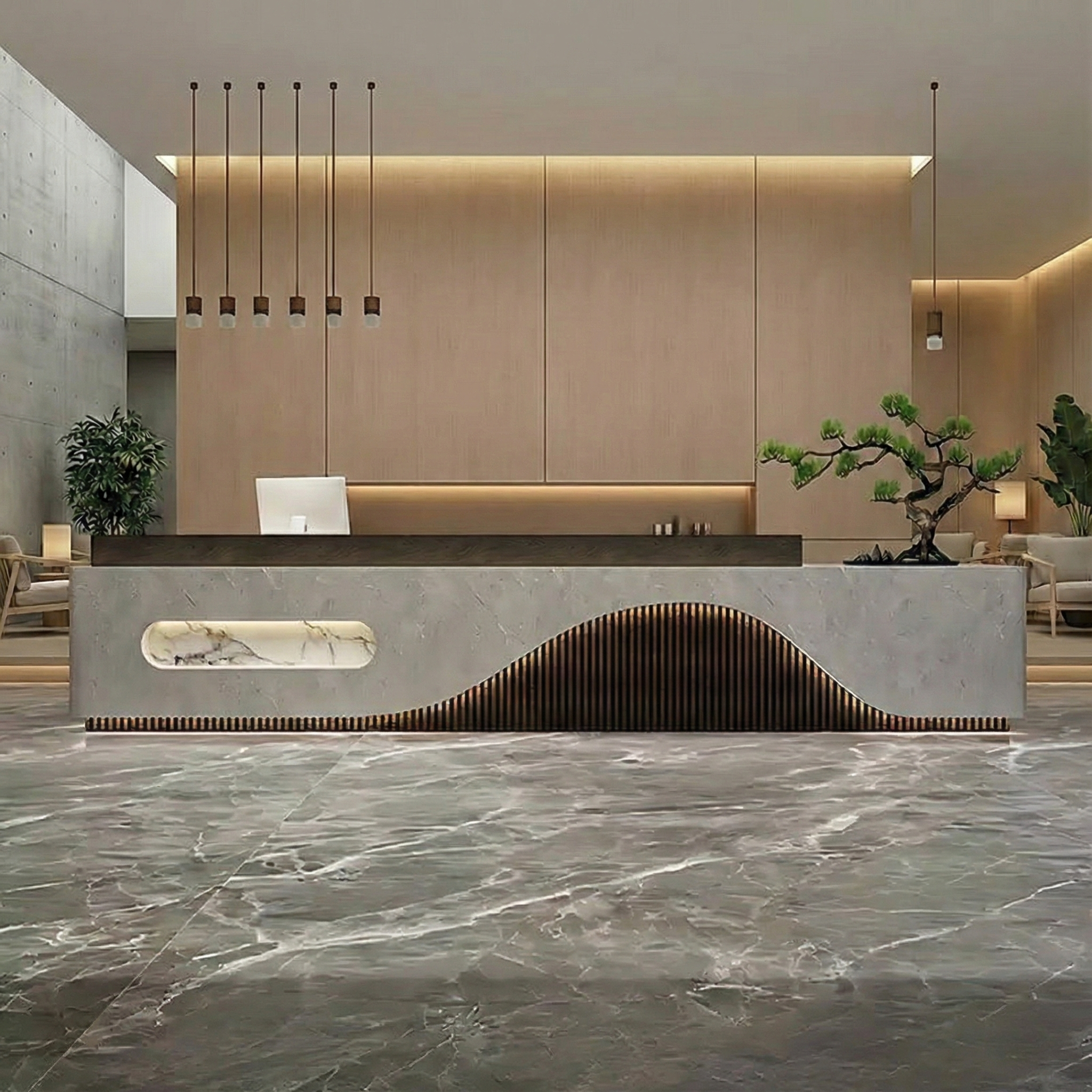 Modern Hotel Lobby Welcome Grey Stone Finish Desk