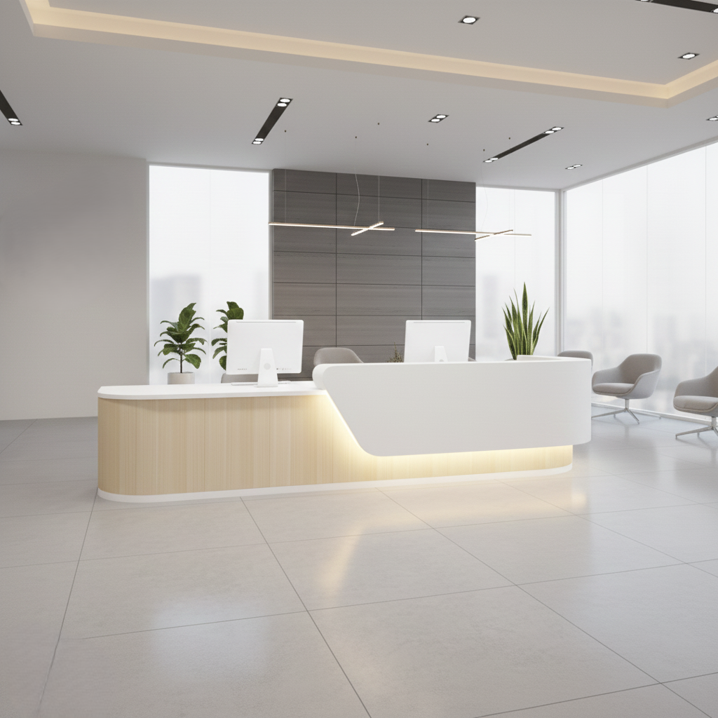 Modern L-Shaped Lacquer Natural + White Reception Desk with LED Lighting for Lobby Left-hand View
