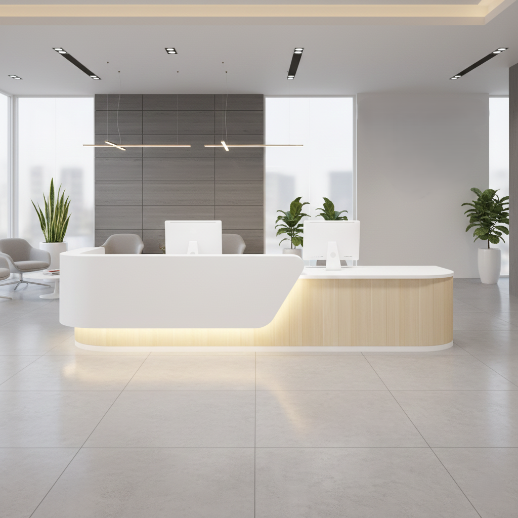 Modern L-Shaped Lacquer Natural + White Reception Desk with LED Lighting for Lobby