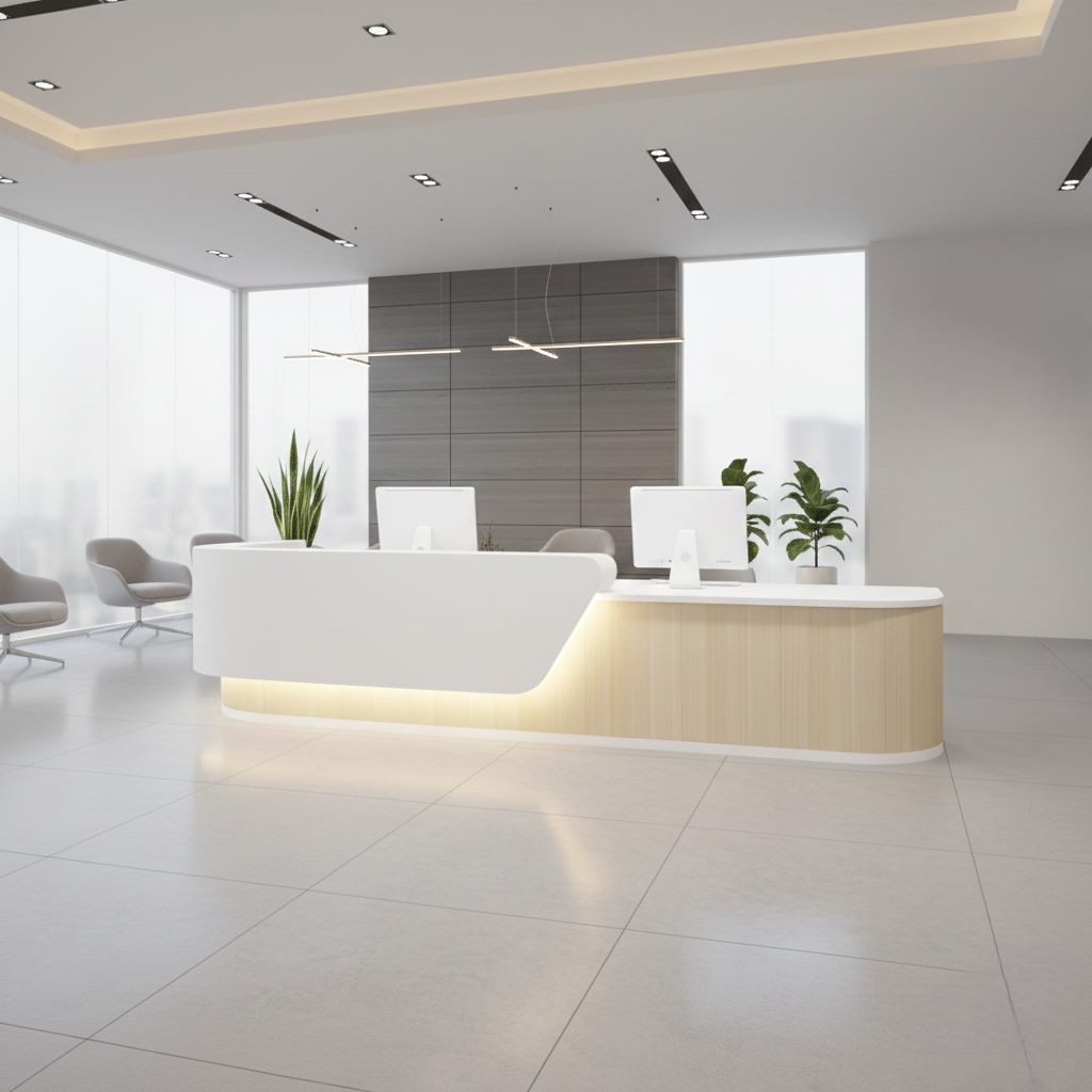 Modern L-Shaped Lacquer Natural + White Reception Desk with LED Lighting for Lobby Right-hand view