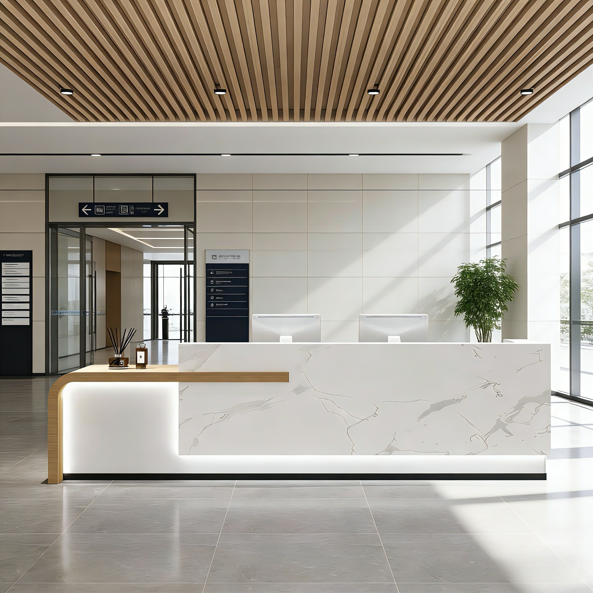 Modern Lacquer White + White Marble  Finish Reception Desk for Office, Salon & Retail