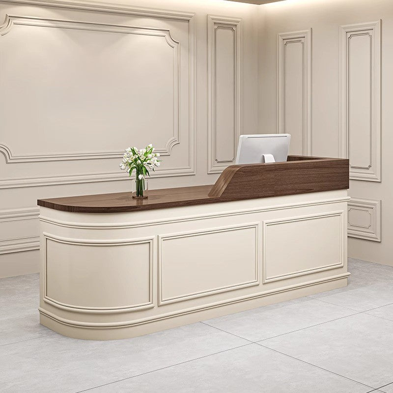 Modern Minimalist Grid Finish Corner  Beige + Walnut Reception Desk for Clothing Shop