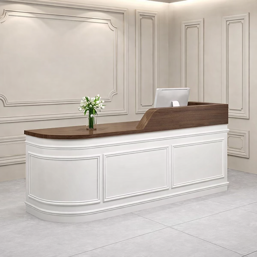 Modern Minimalist Grid Finish Corner  White + Walnut Reception Desk for Coffee Shop