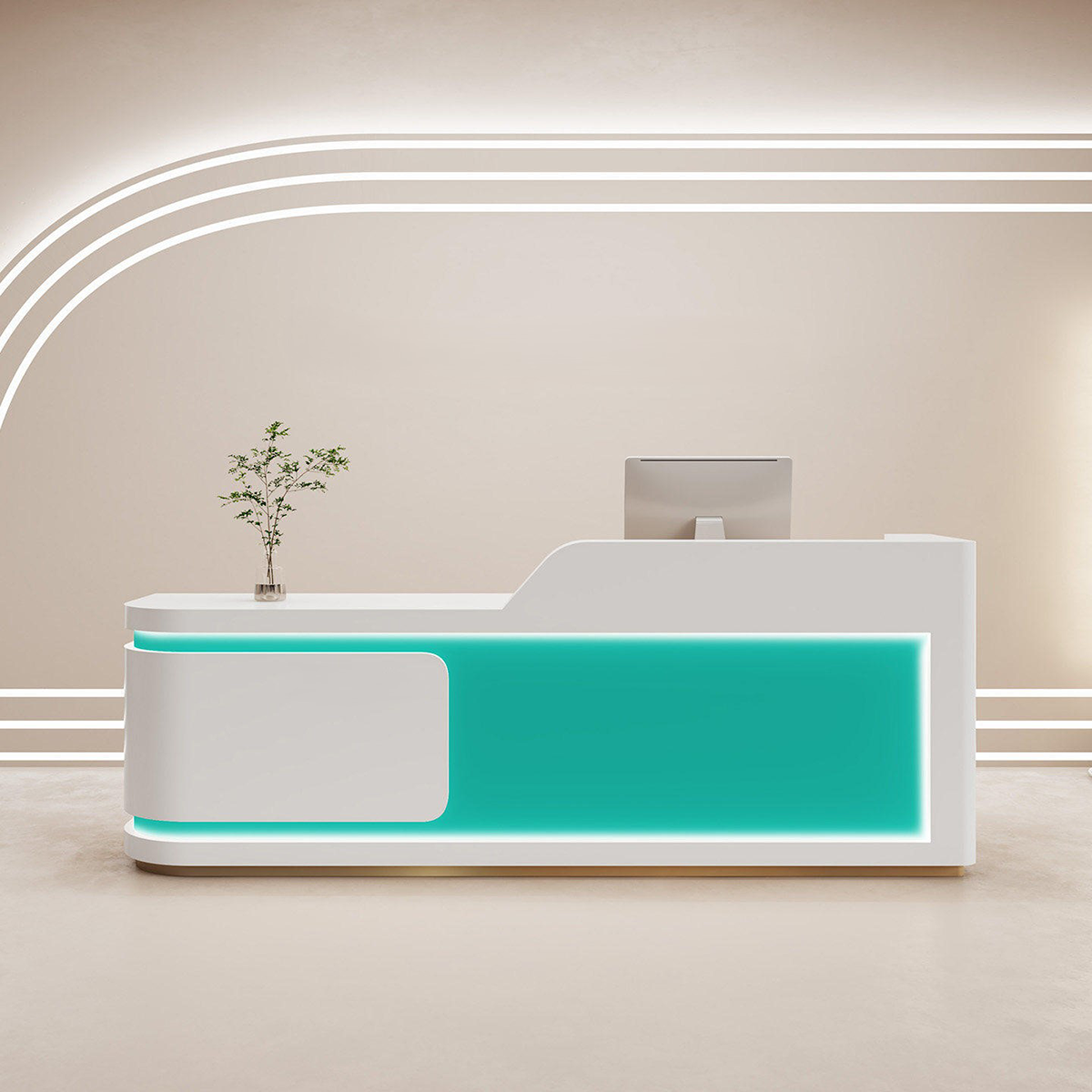 Modern Minimalist Lacquered Finish Withe + Green Reception Desk With LED Light for Salon