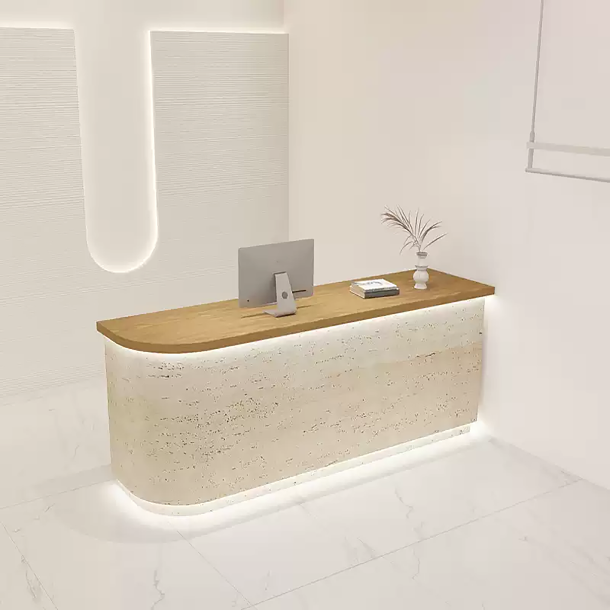 Modern Minimalist Wood & Travertine Reception Desk with LED Lighting RD-110