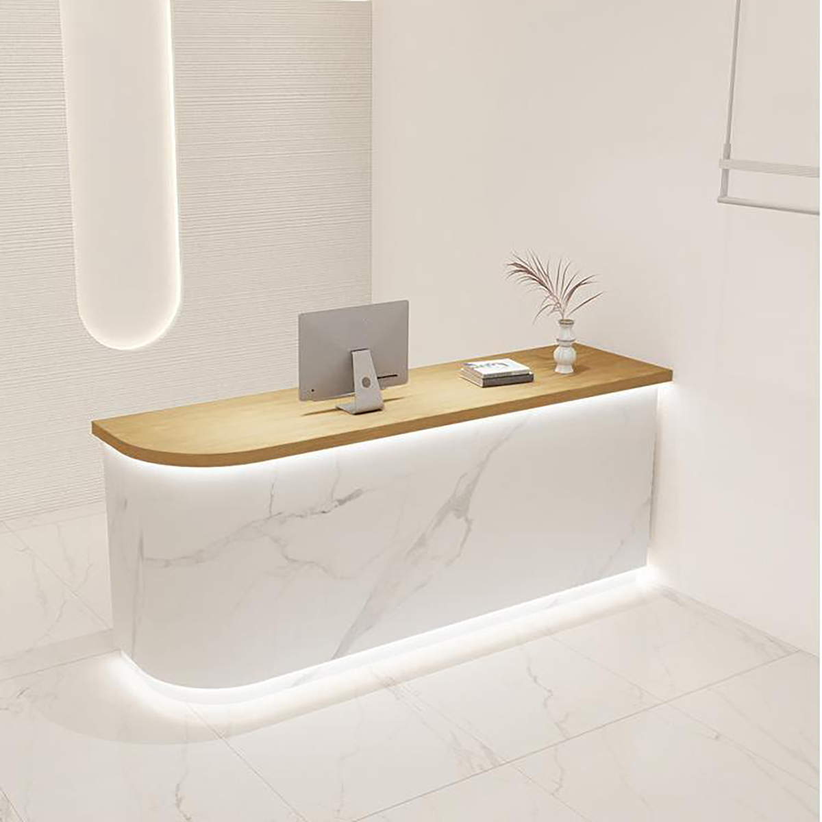 Modern Minimalist Wood & Travertine Reception Desk with LED Lighting RD-110