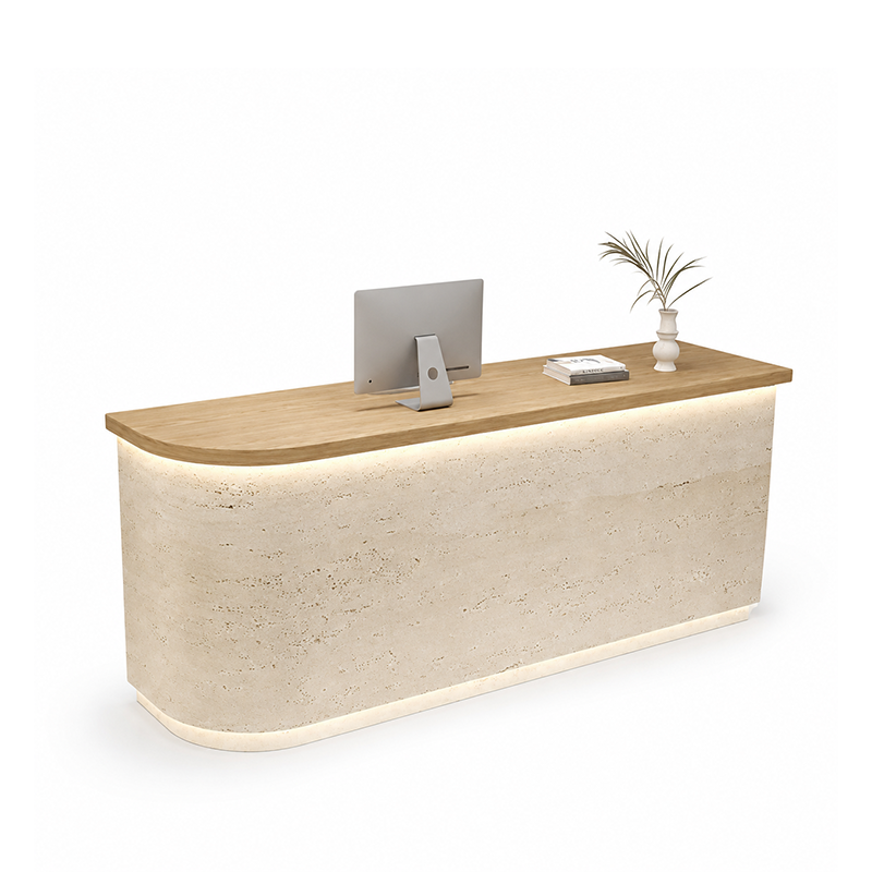 Modern Minimalist Wood & Travertine Reception Desk with LED Lighting RD-110