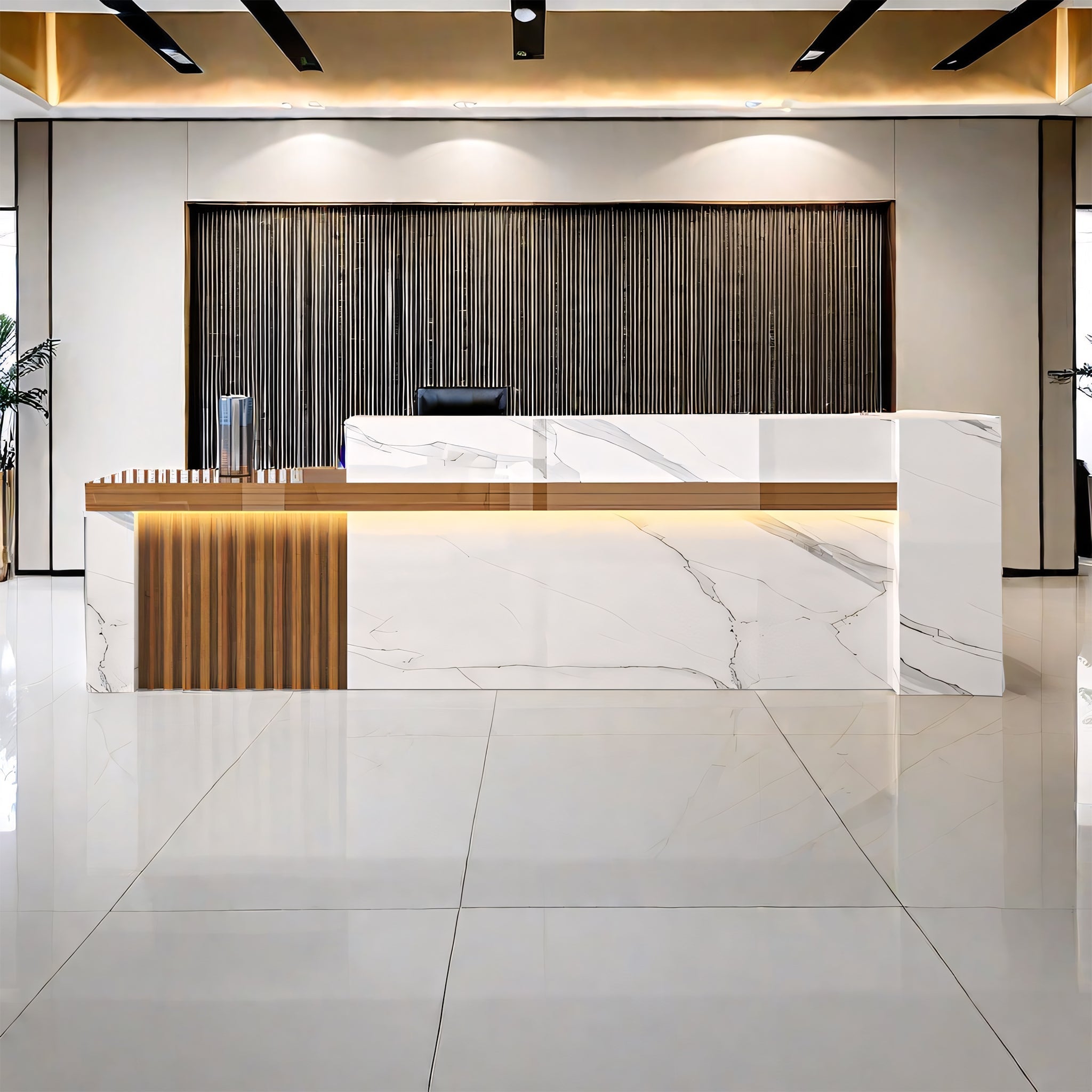 Modern Modular White Marble Finish + Natural Reception Counter for Office & Lobby