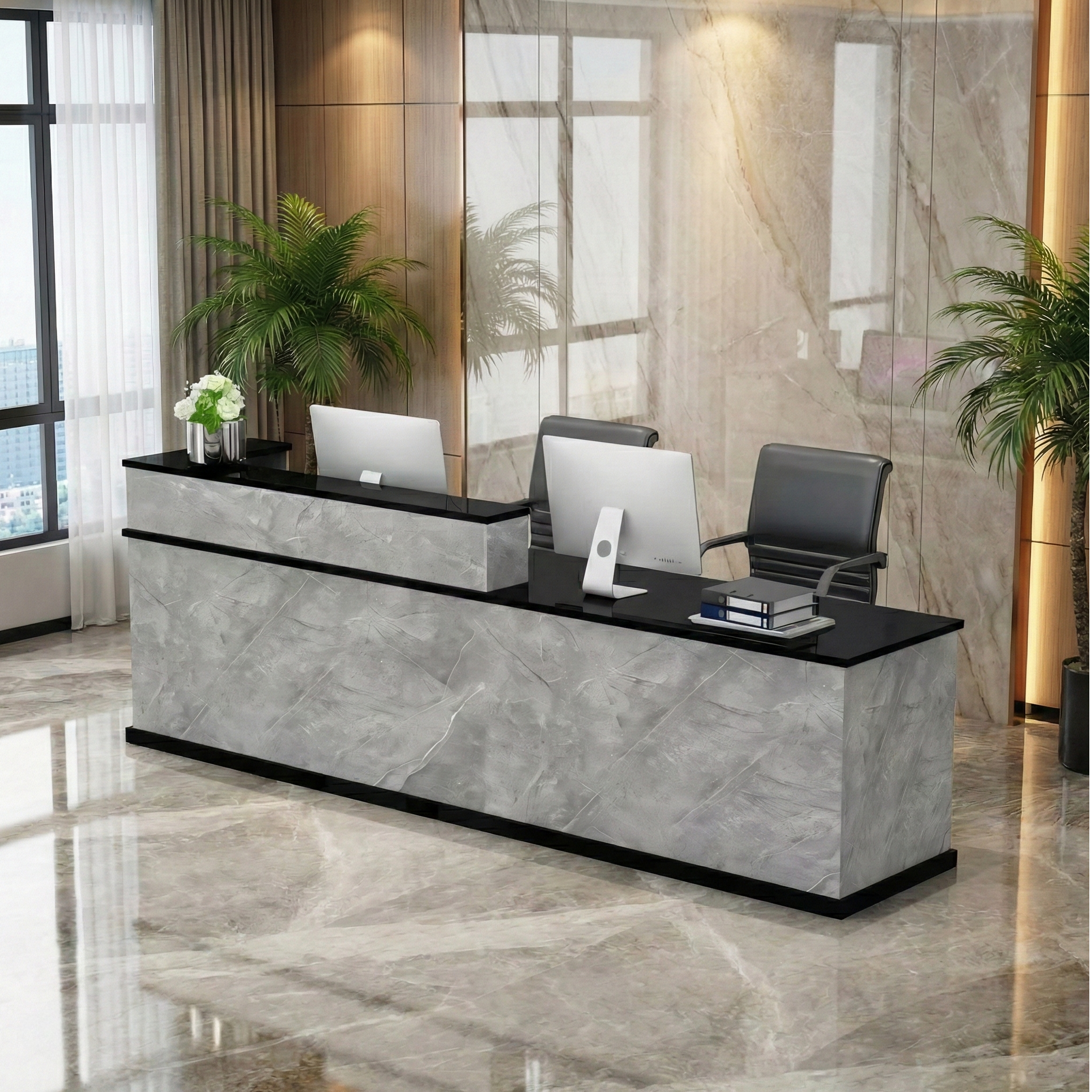 Modern Multi-Scene Black + Grey Marble Finish Reception Counter for Office & Retail