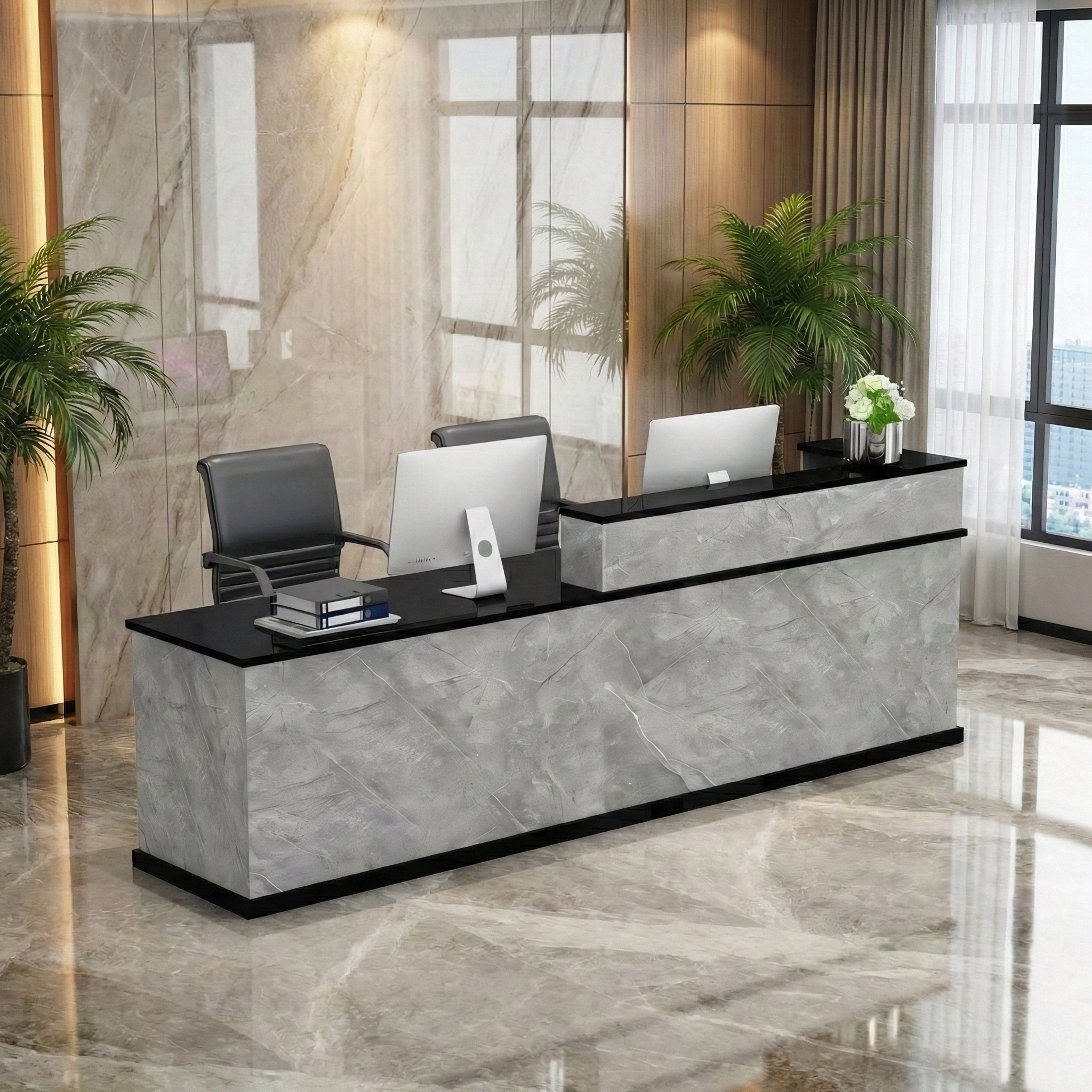 Modern Multi-Scene Black + Grey Marble Finish Reception Counter for Salon & Retail