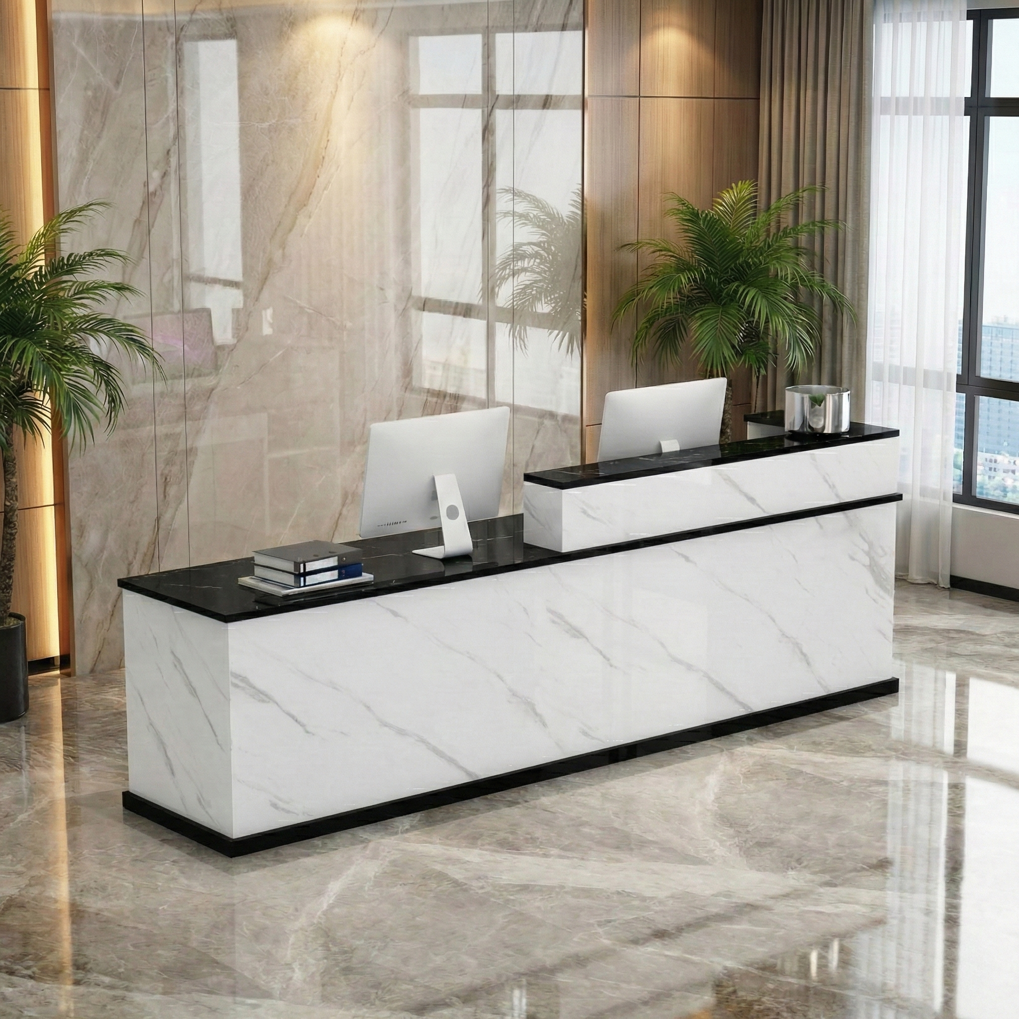 Modern Multi-Scene Black Marble Finish + White Marble Finish Reception Counter for Lobby & Retail