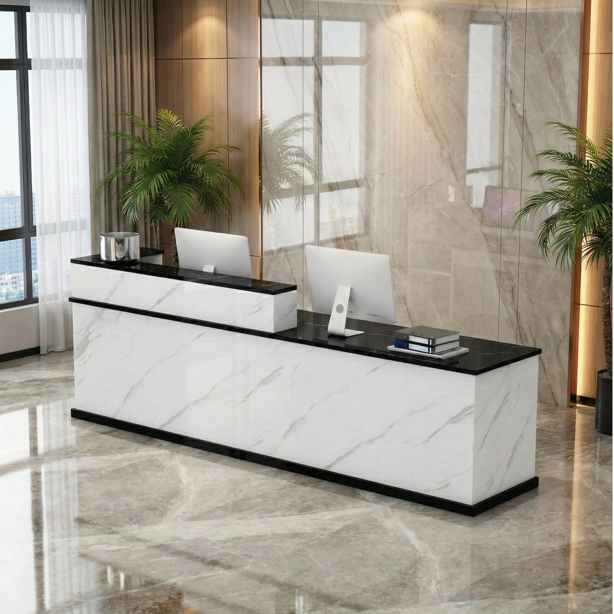 Modern Multi-Scene Black Marble Finish + White Marble Finish Reception Counter for Office & Retail