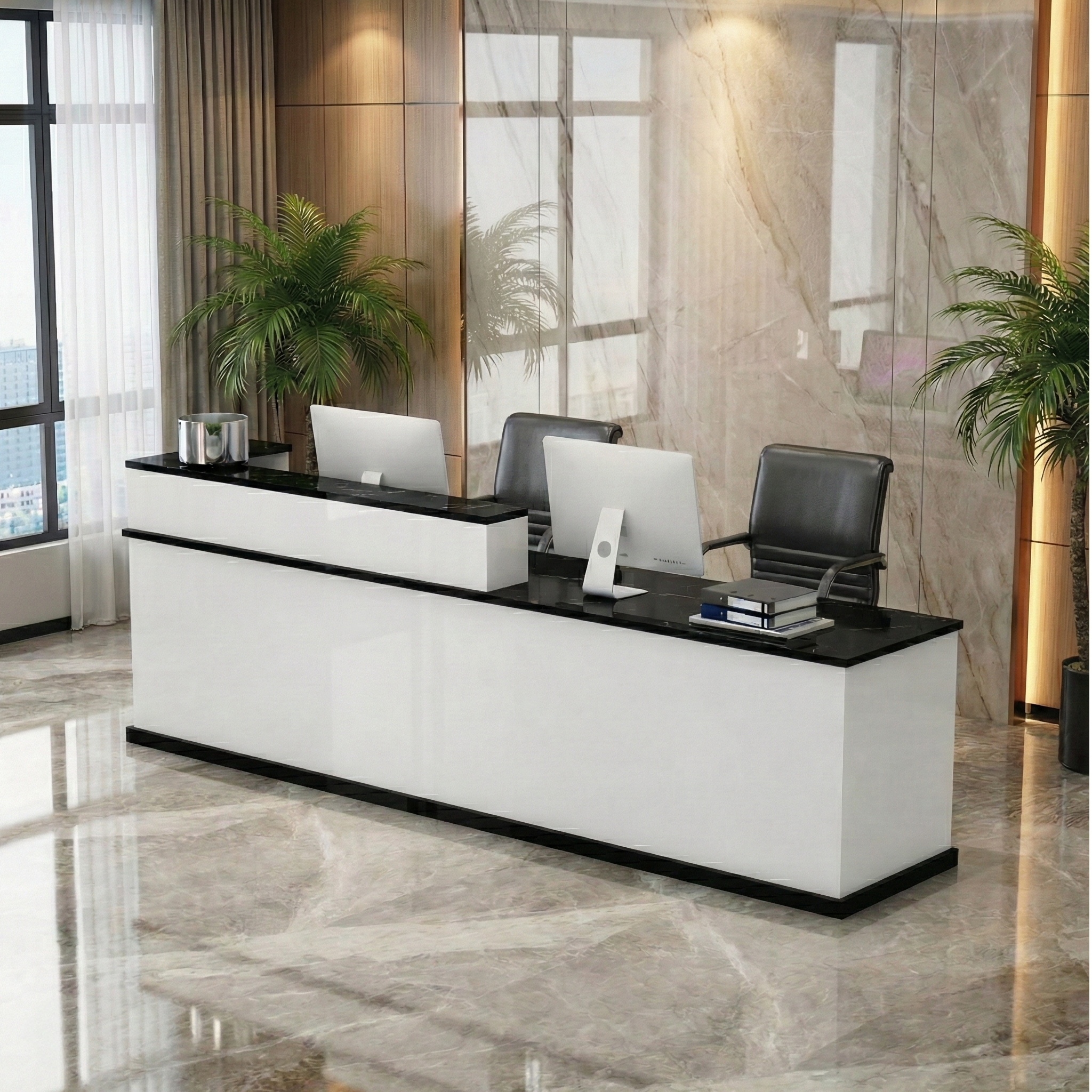 Modern Multi-Scene Black Marble Finish + White Reception Counter for Lobby & Retail