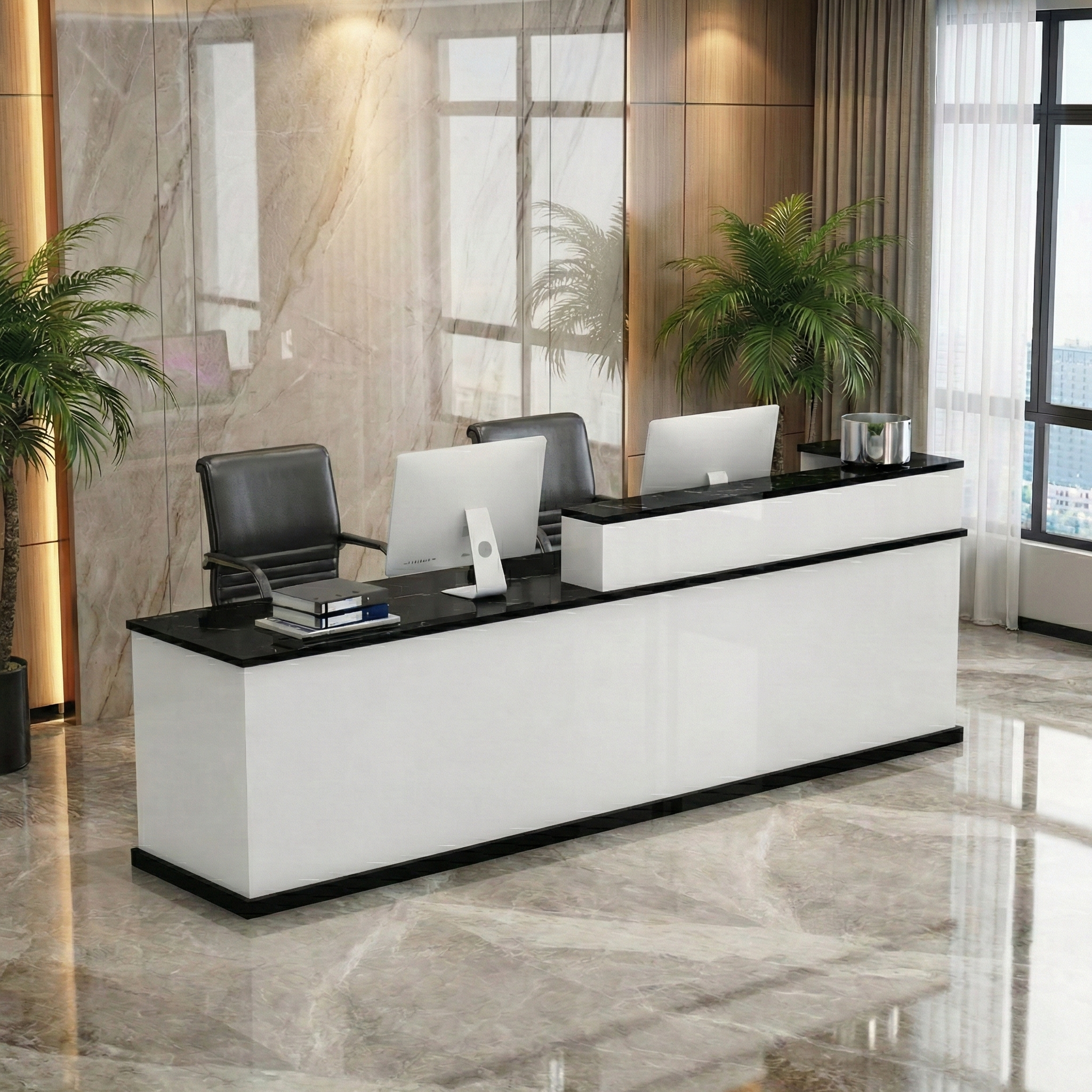 Modern Multi-Scene Black Marble Finish + White Reception Counter for Office & Retail