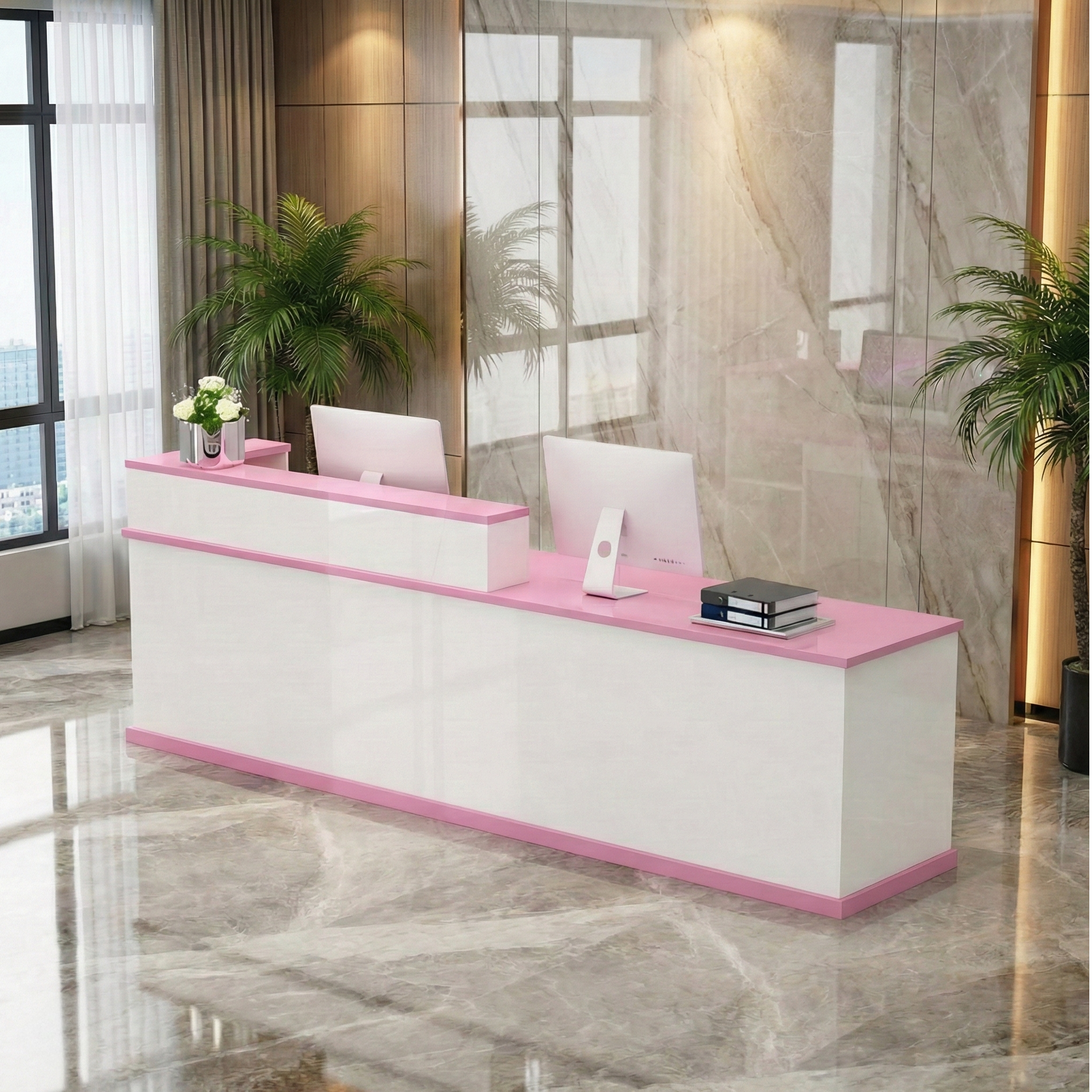 Modern Multi-Scene White + Pink Reception Counter for Lobby & Retail