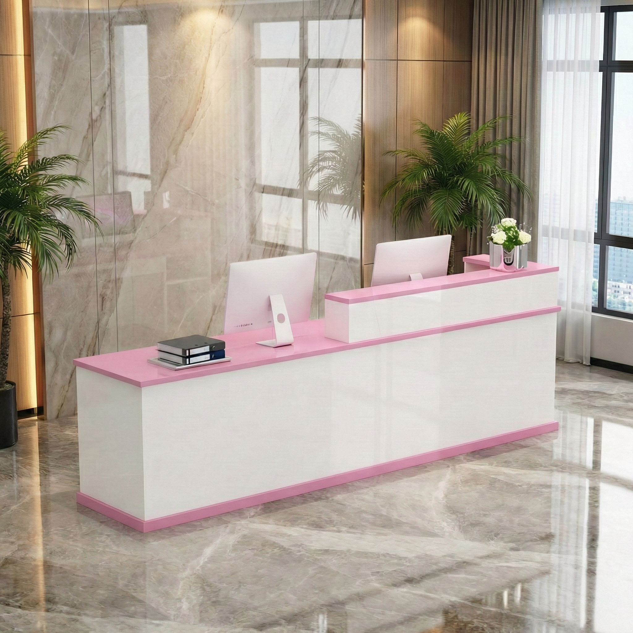 Modern Multi-Scene White + Pink Reception Counter for Office & Retail