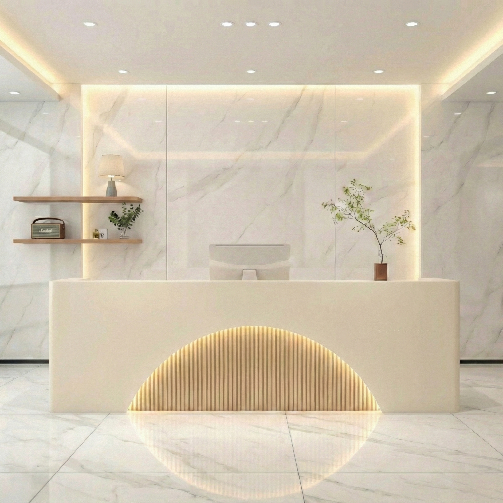Modern Natural Reception Desk with Soft Lighting & Built-In Storage for Lobby