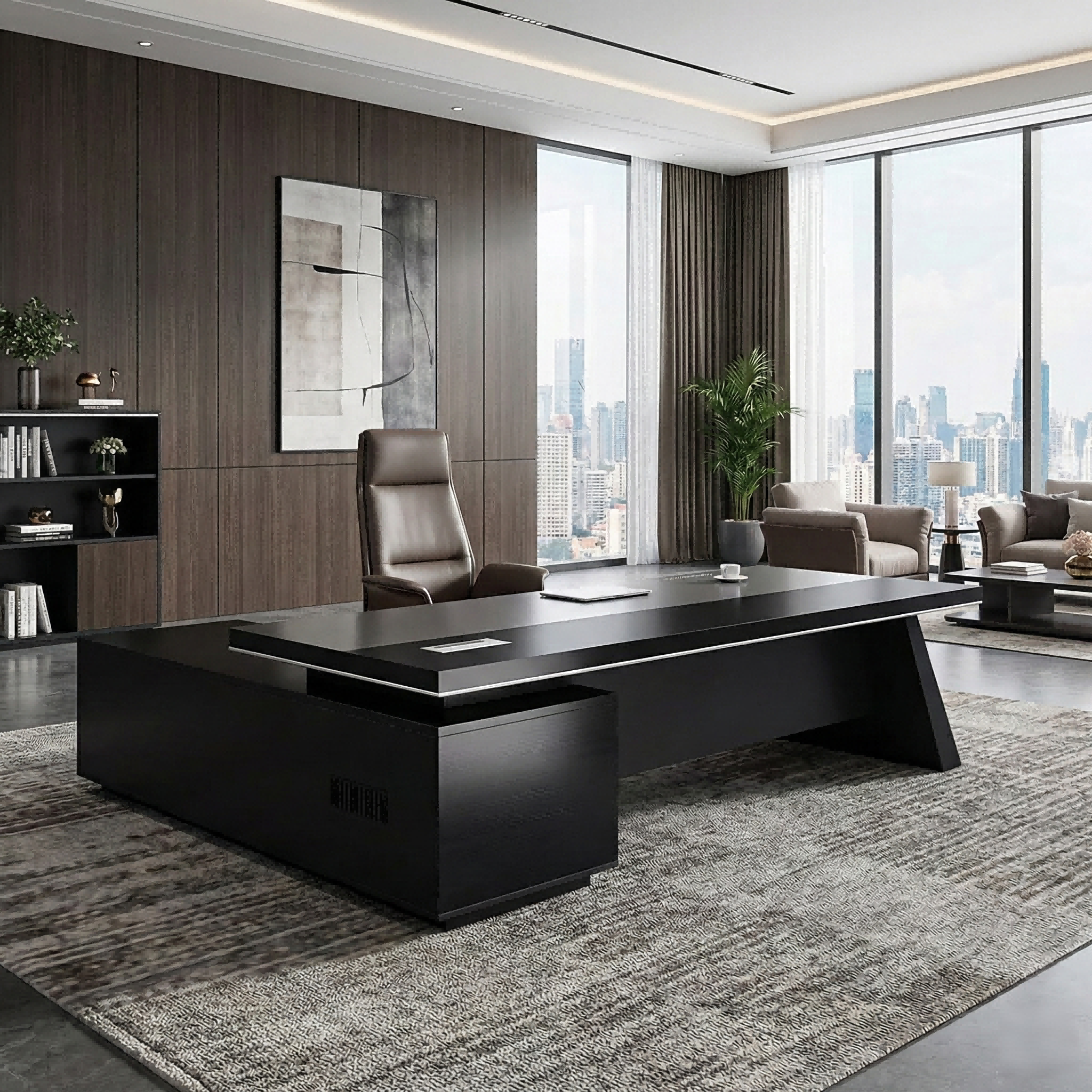 Modern Office Desk, Wooden Computer Desk, Black Executive Desk for Boss
