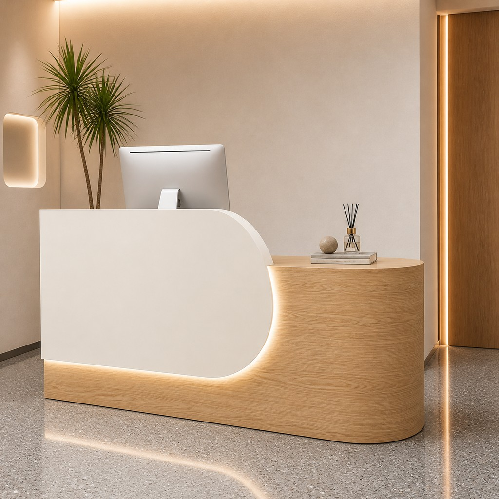 Modern Reception Desk with Curved Side Counter and LED Accent RD-279