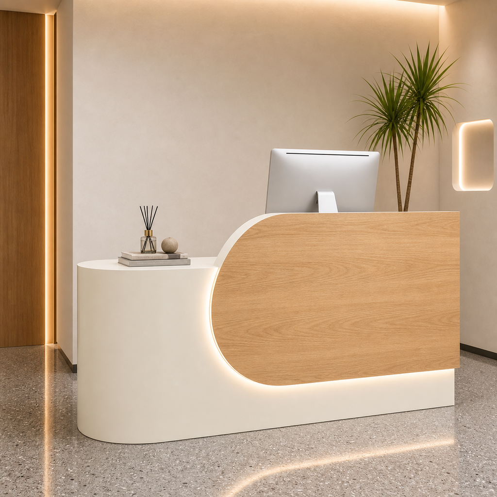 Modern Reception Desk with Curved Side Counter and LED Accent RD-279