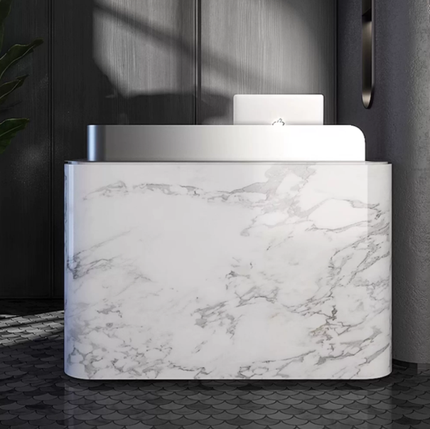 Modern Reception Desk with Faux Stone Gloss Finish and Metallic Top Accent RD-321