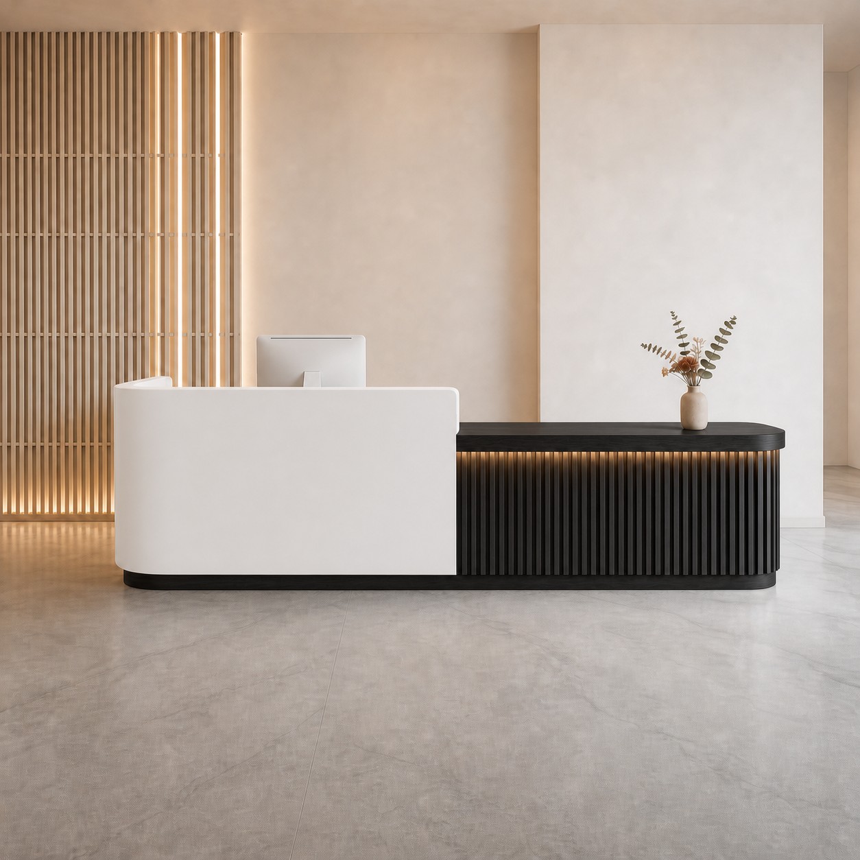 Modern Reception Desk with Fluted Side Counter and Curved Front RD-332