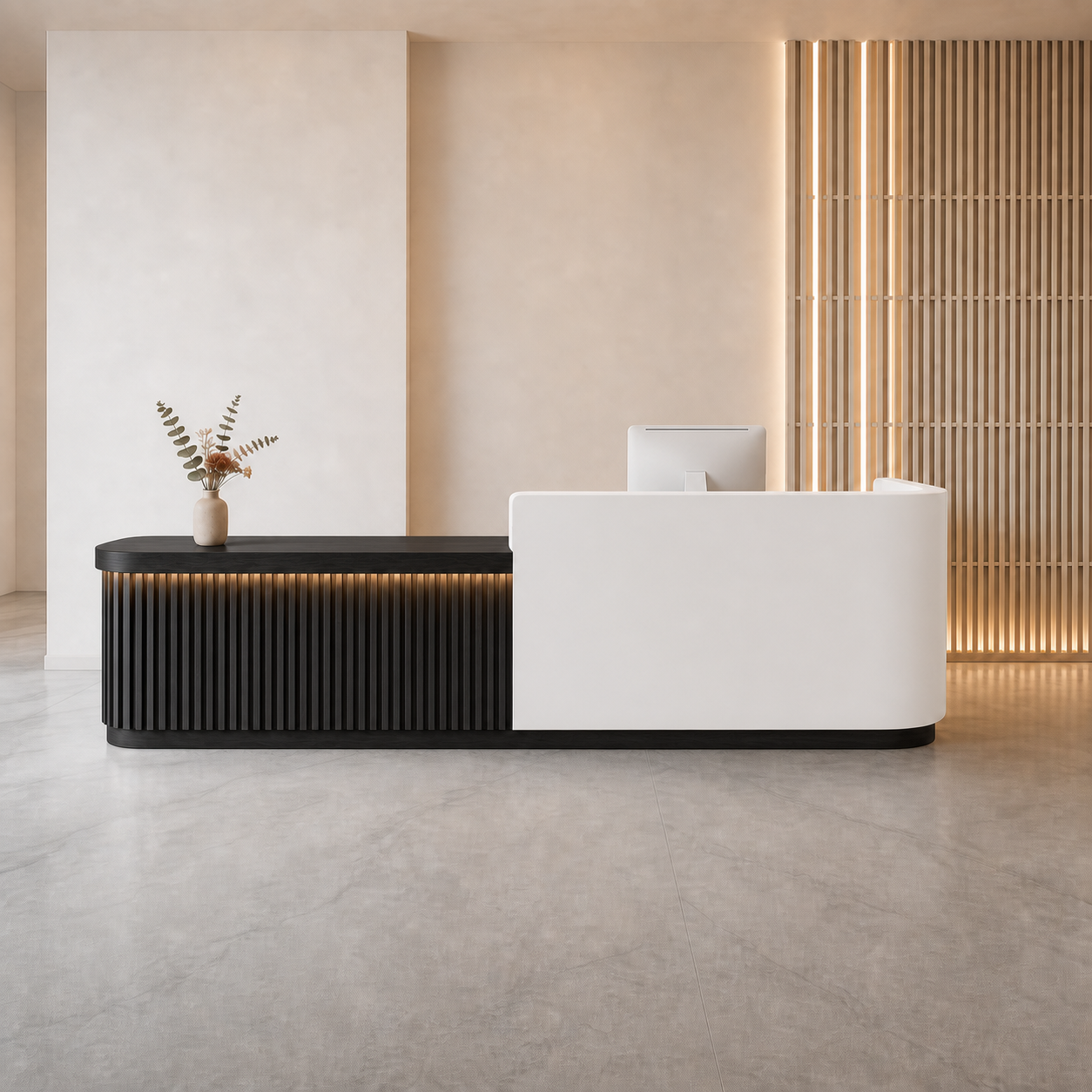 Modern Reception Desk with Fluted Side Counter and Curved Front RD-332