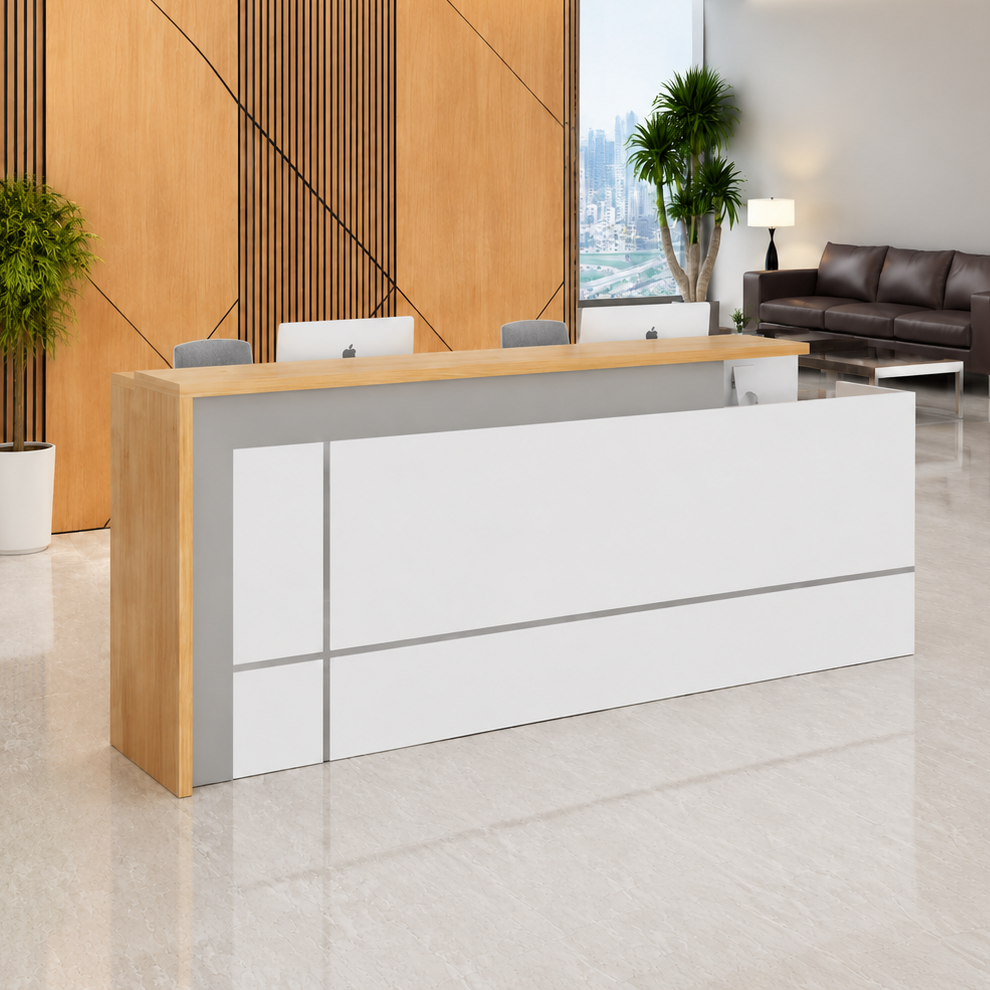 Modern Reception Desk with Geometric Front Panel and Wood Accent RD-263